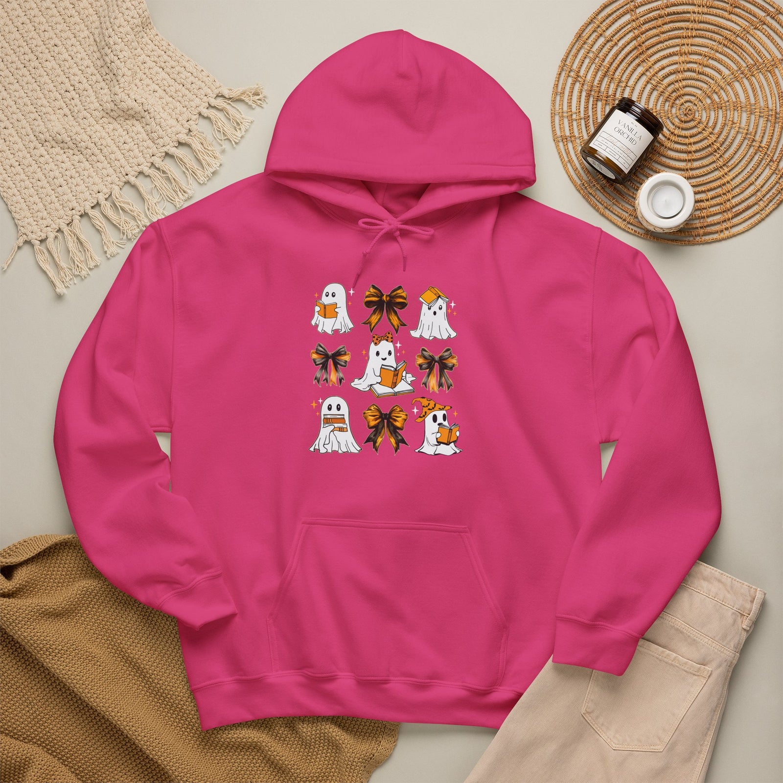 Halloween Ghost Reading Books Hoodie — Cute Ghosts with Orange Coquette Bows Sweatshirt