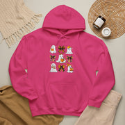 Halloween Ghost Reading Books Hoodie — Cute Ghosts with Orange Coquette Bows Sweatshirt