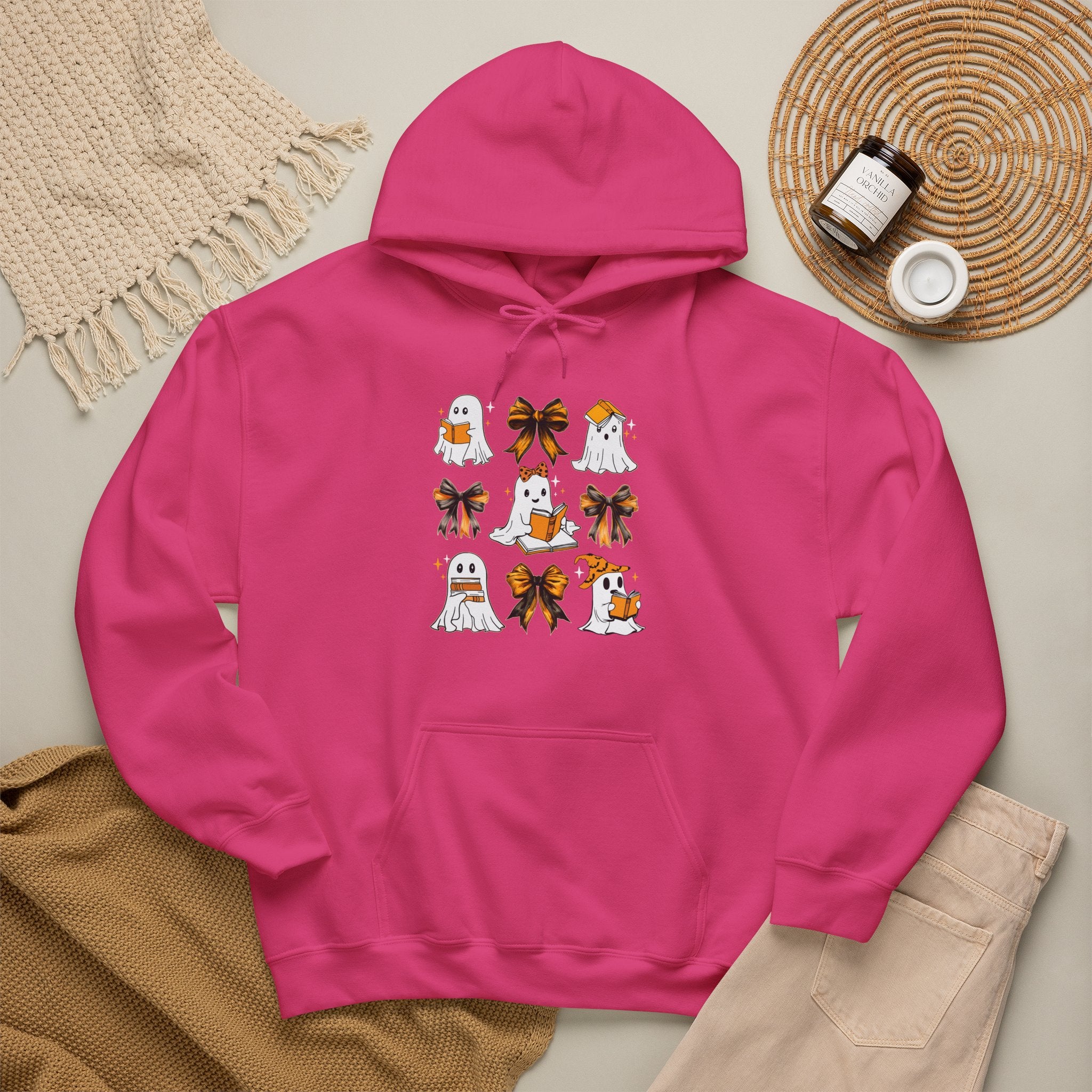 Halloween Ghost Reading Books Hoodie — Cute Ghosts with Orange Coquette Bows Sweatshirt