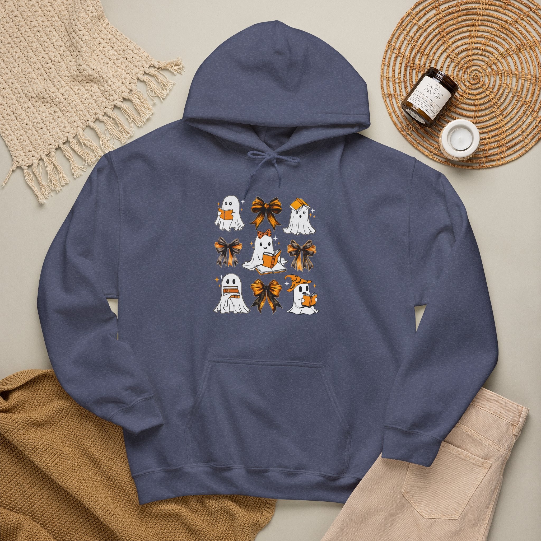 Halloween Ghost Reading Books Hoodie — Cute Ghosts with Orange Coquette Bows Sweatshirt