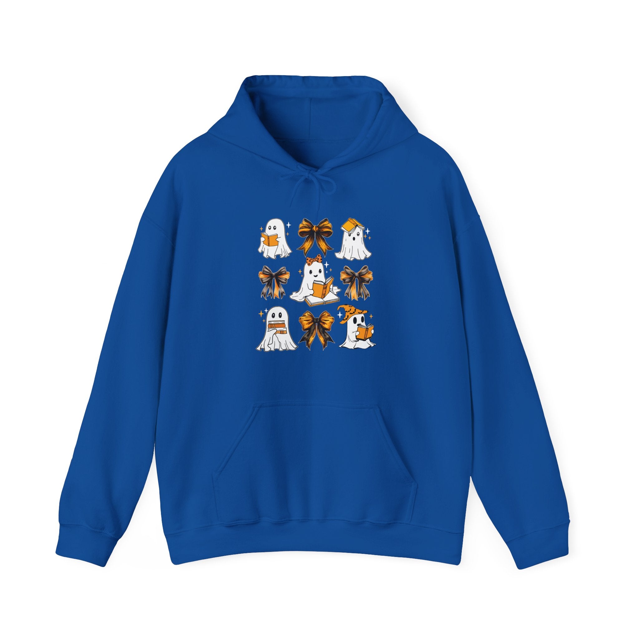 Halloween Ghost Reading Books Hoodie — Cute Ghosts with Orange Coquette Bows Sweatshirt