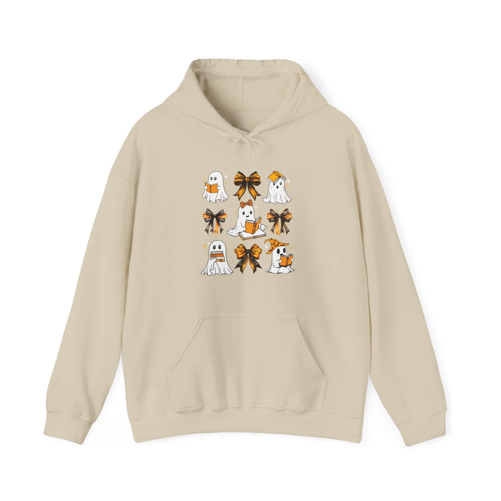 Halloween Ghost Reading Books Hoodie — Cute Ghosts with Orange Coquette Bows Sweatshirt