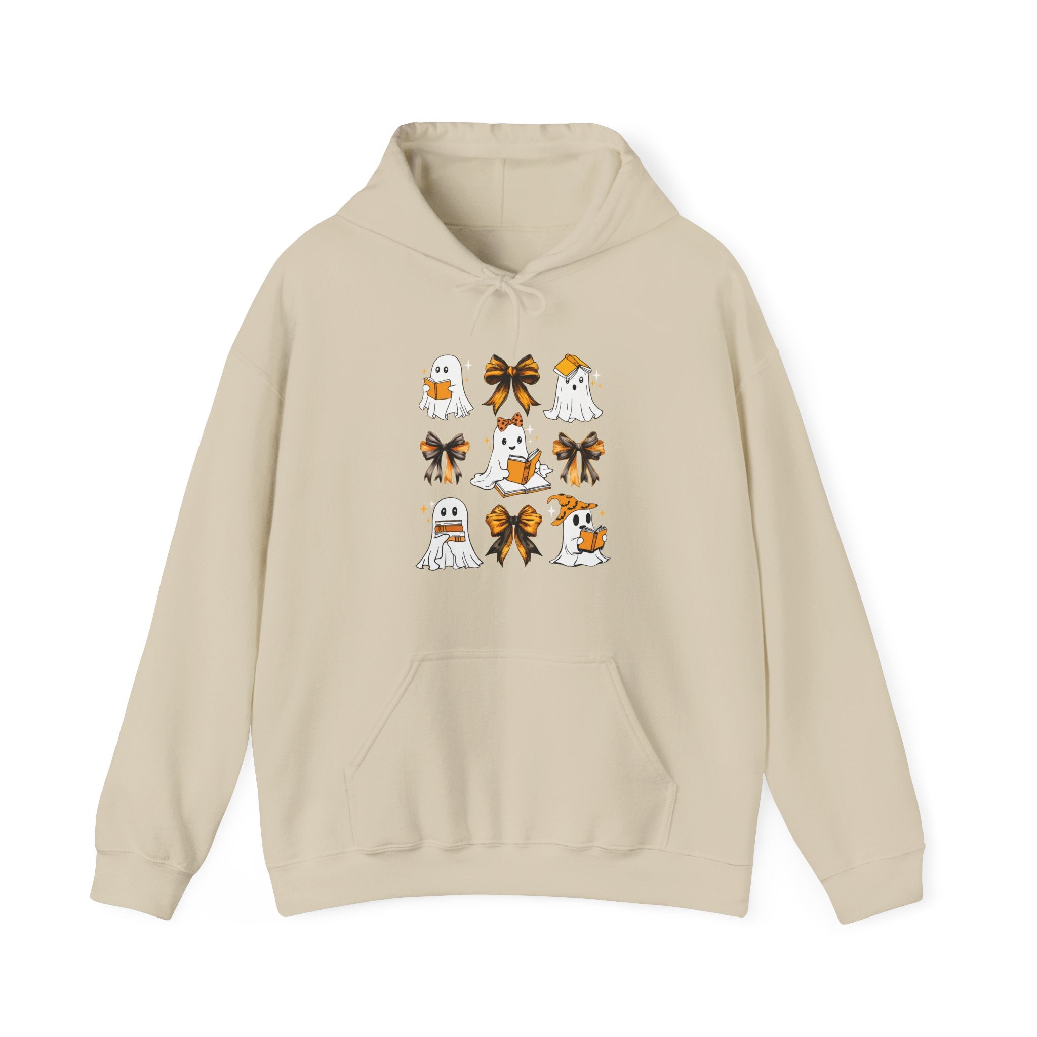 Halloween Ghost Reading Books Hoodie — Cute Ghosts with Orange Coquette Bows Sweatshirt