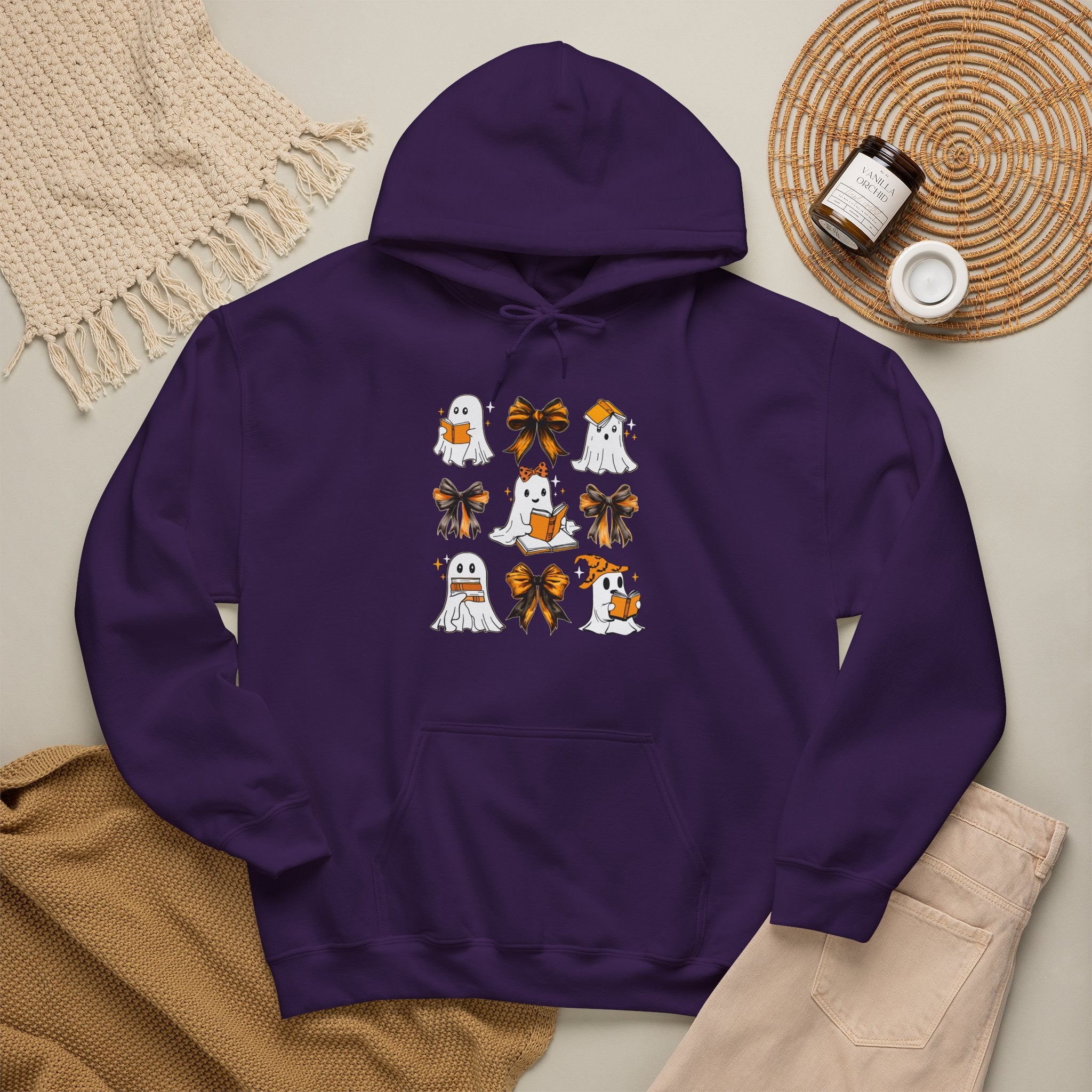 Halloween Ghost Reading Books Hoodie — Cute Ghosts with Orange Coquette Bows Sweatshirt