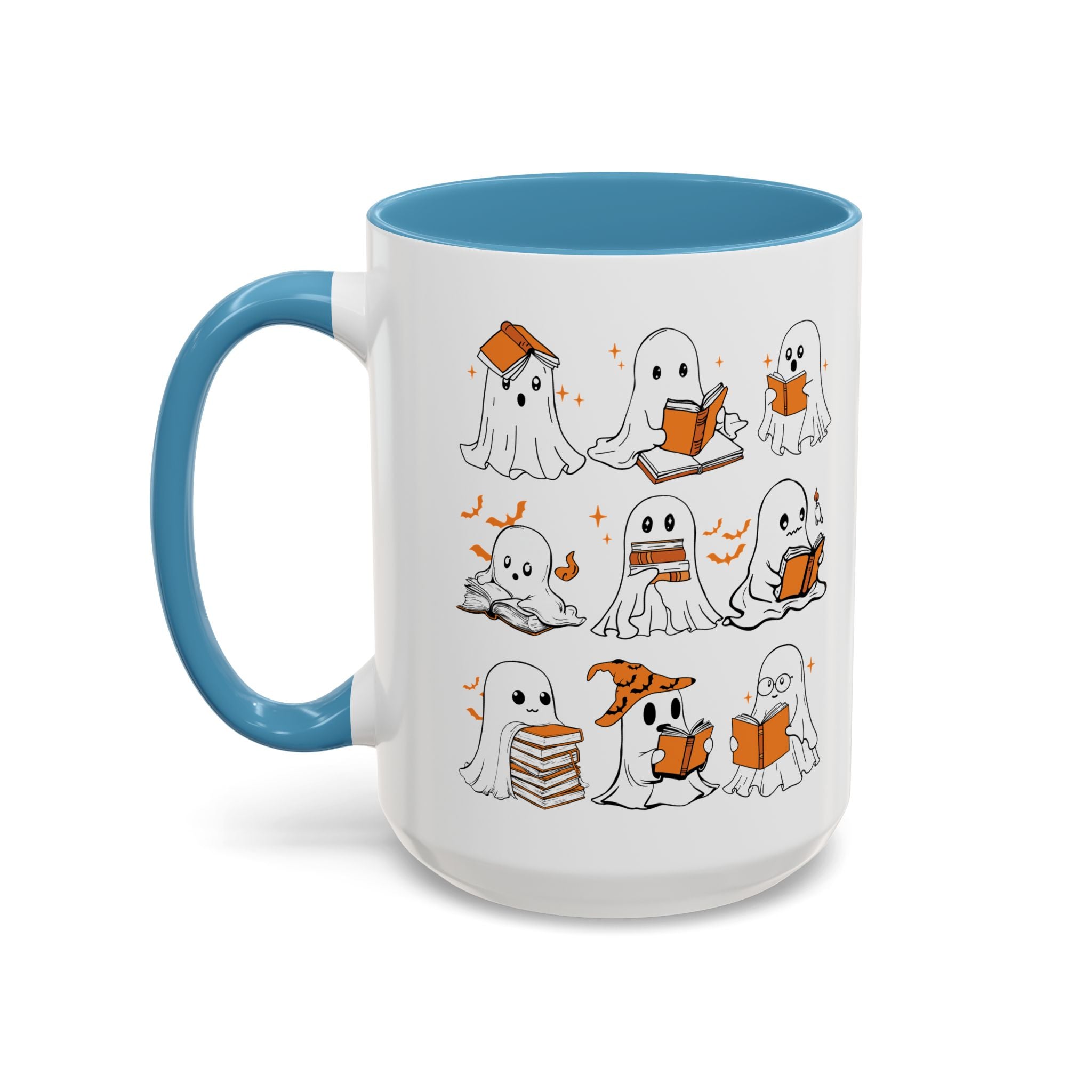 Halloween Ghost Reading Coffee Mug – Cute Spooky Booklover Accent Mug (11/15oz)