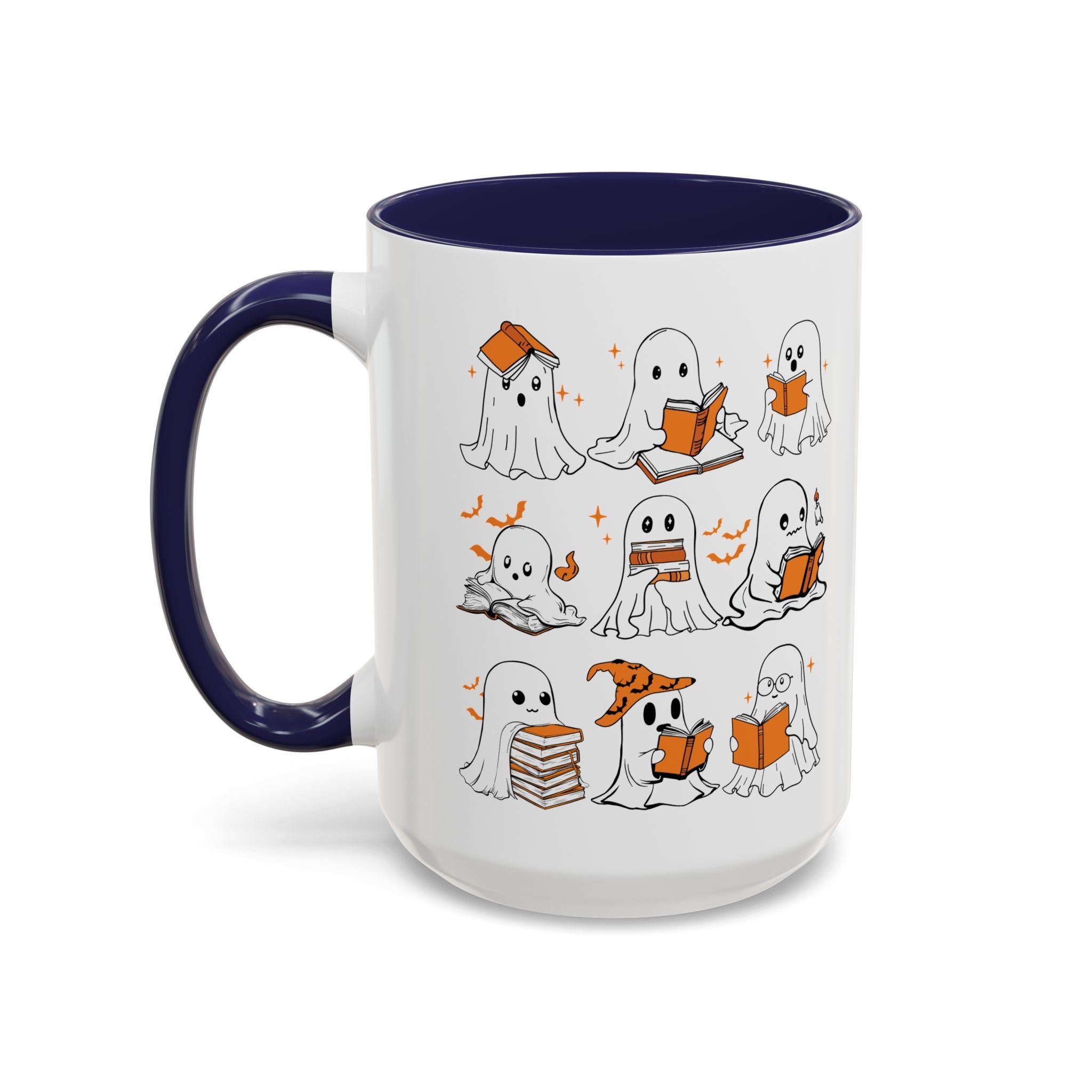 Halloween Ghost Reading Coffee Mug – Cute Spooky Booklover Accent Mug (11/15oz)
