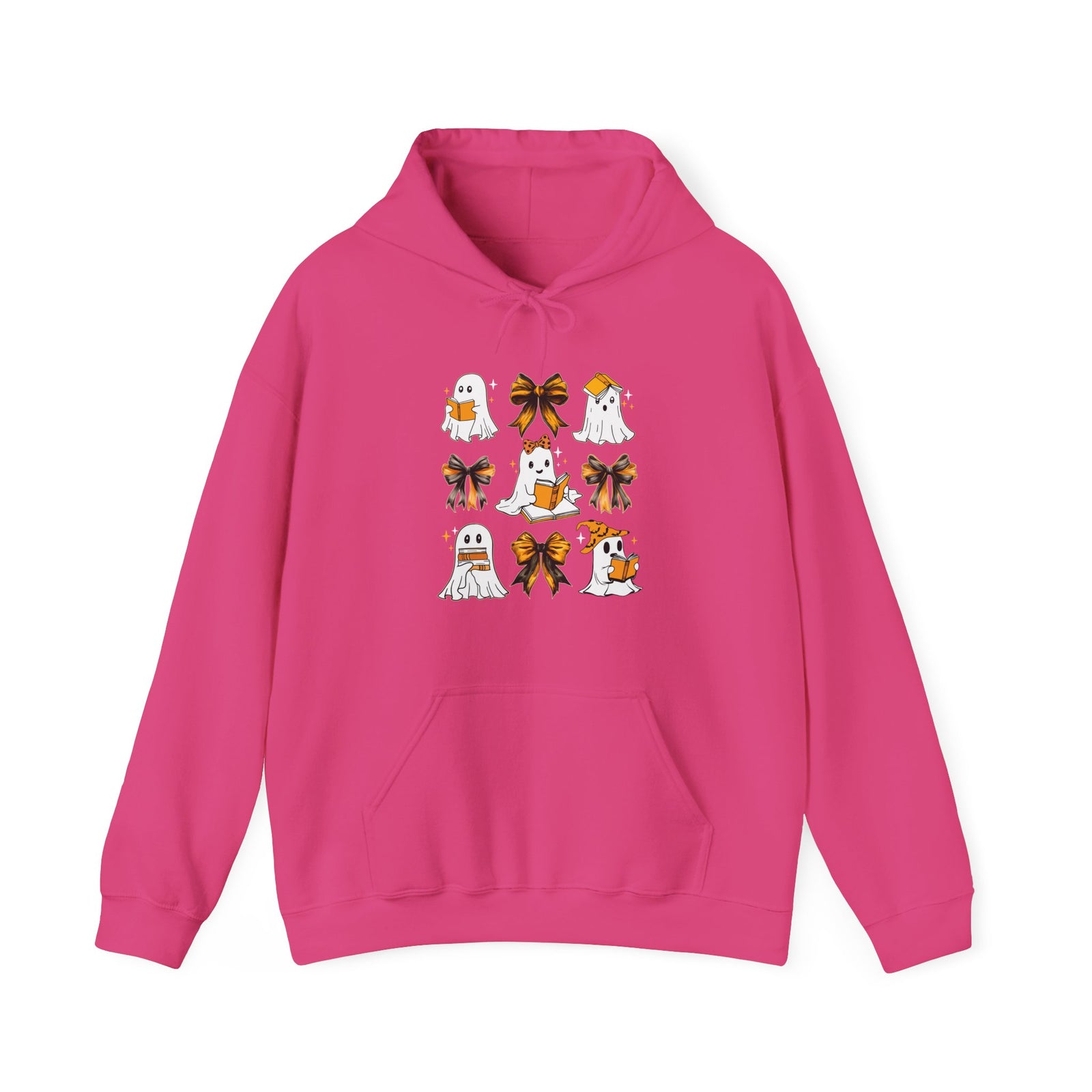 Halloween Ghost Reading Books Hoodie — Cute Ghosts with Orange Coquette Bows Sweatshirt