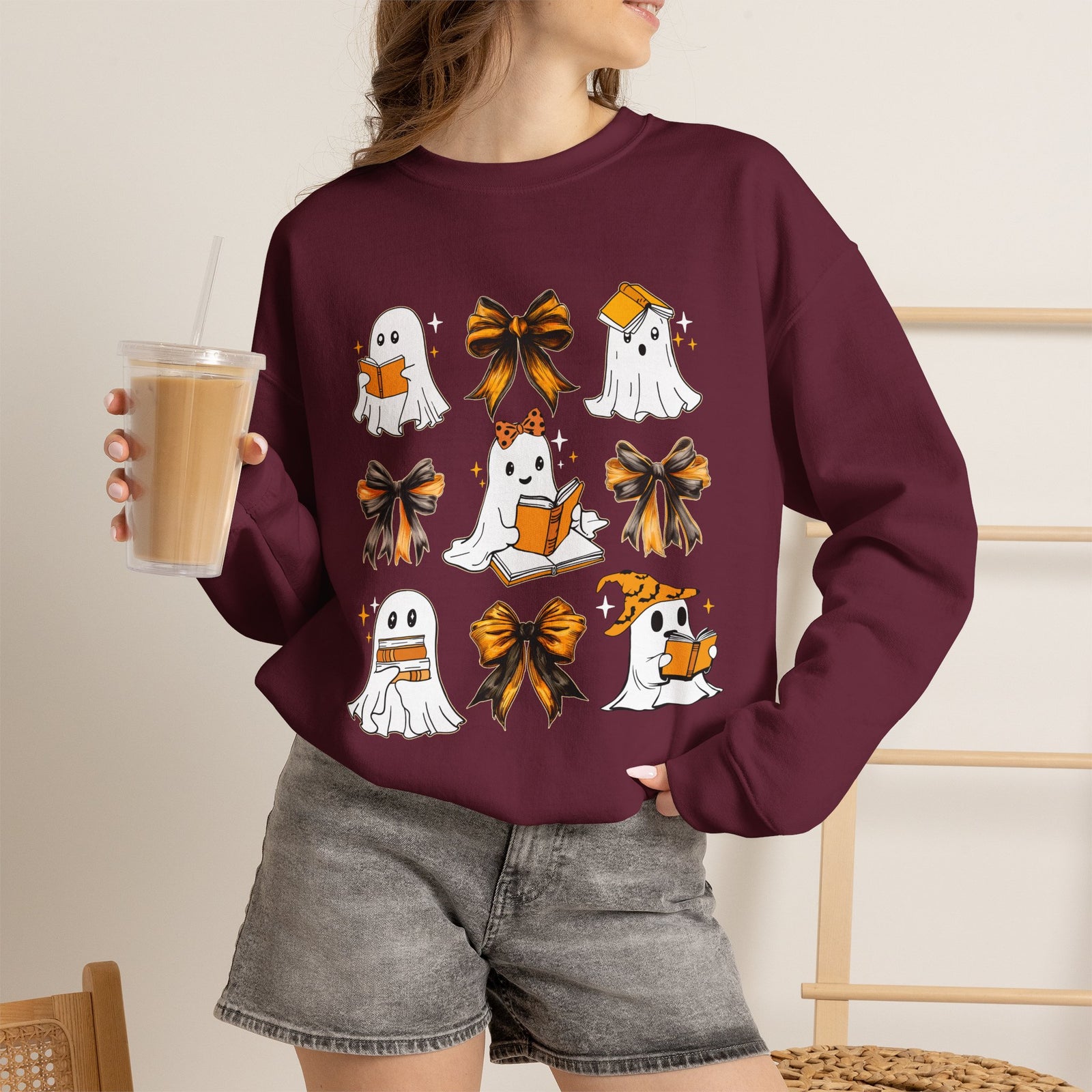 Halloween Ghosts & Bows Sweatshirt — Cute Orange Ghost Crewneck