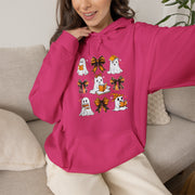 Halloween Ghost Reading Books Hoodie — Cute Ghosts with Orange Coquette Bows Sweatshirt