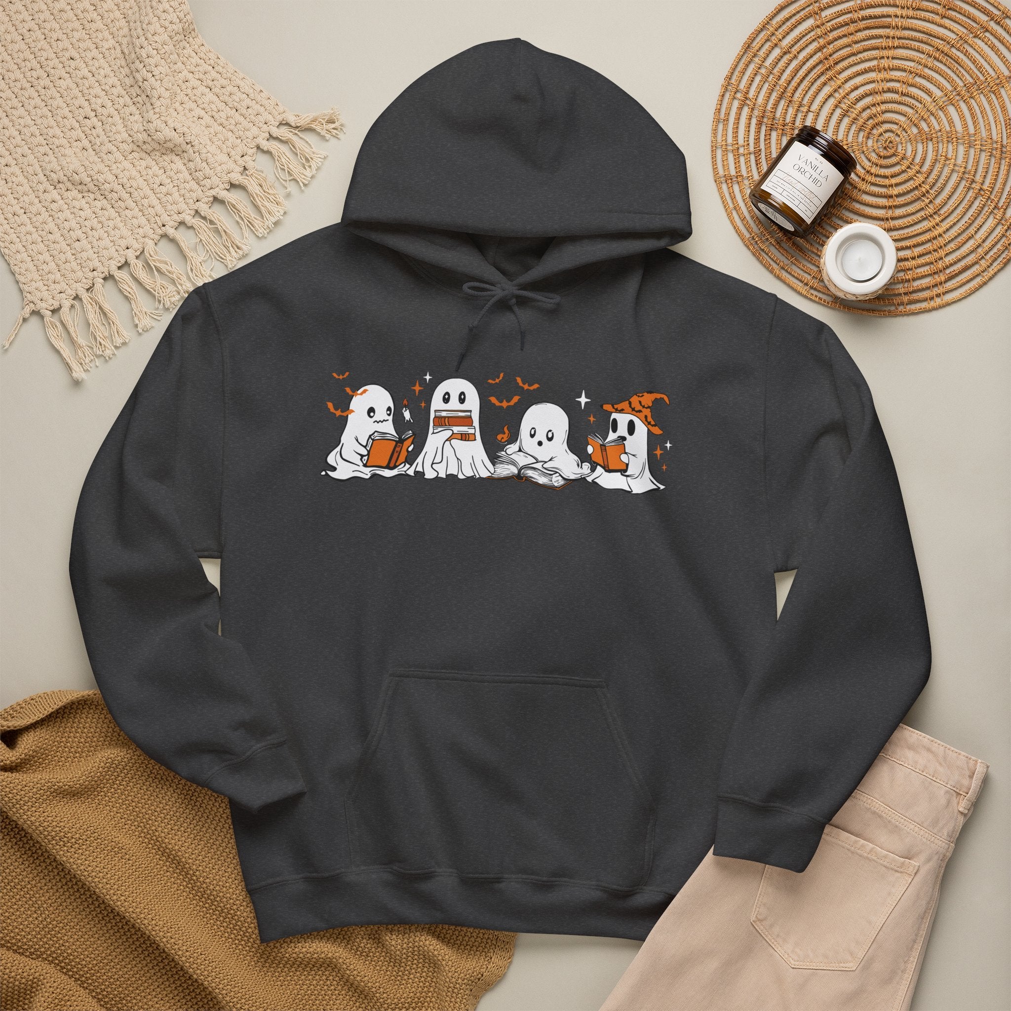 Ghosts Reading Hoodie, Cute Halloween Book Club Cotton Sweatshirt