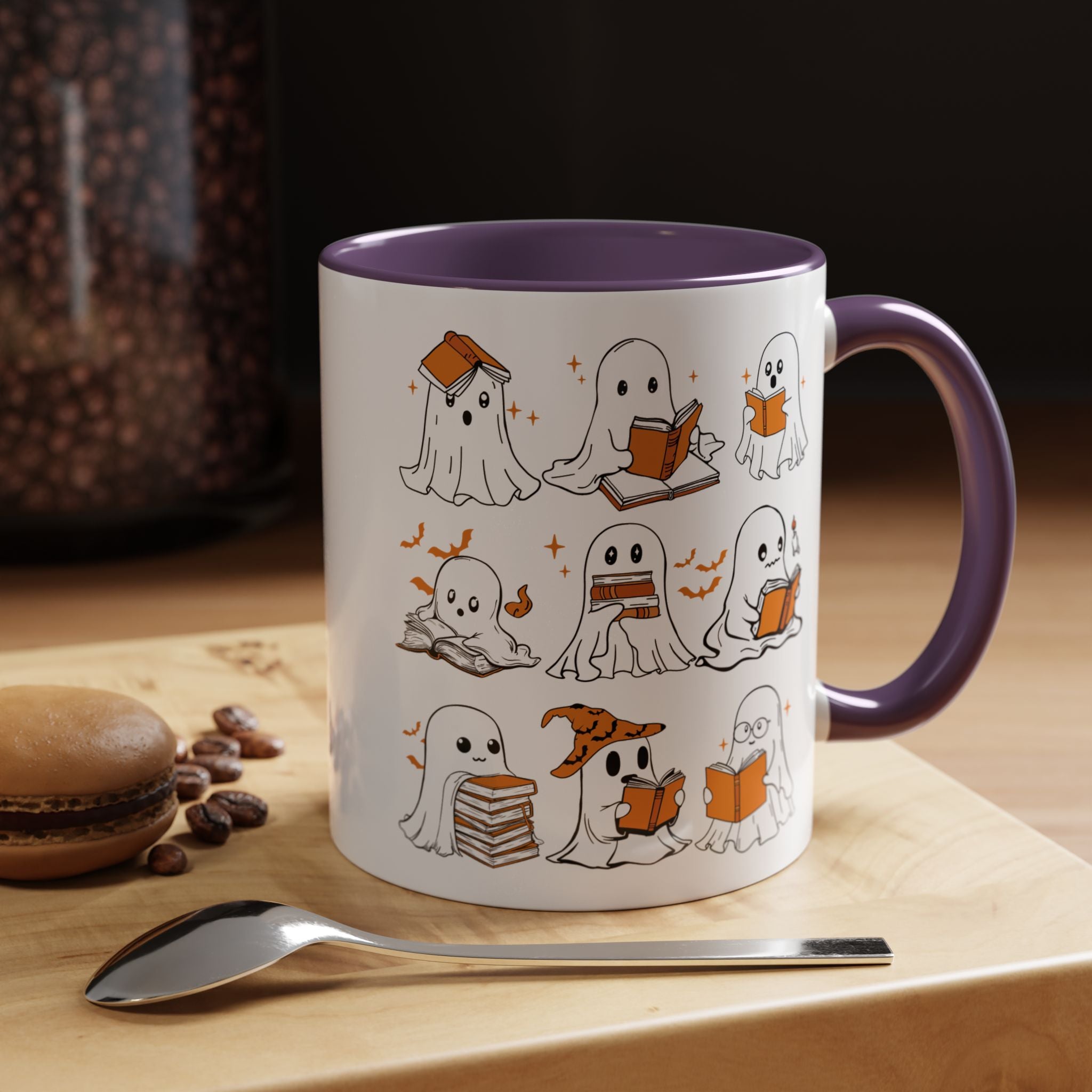 Halloween Ghost Reading Coffee Mug – Cute Spooky Booklover Accent Mug (11/15oz)