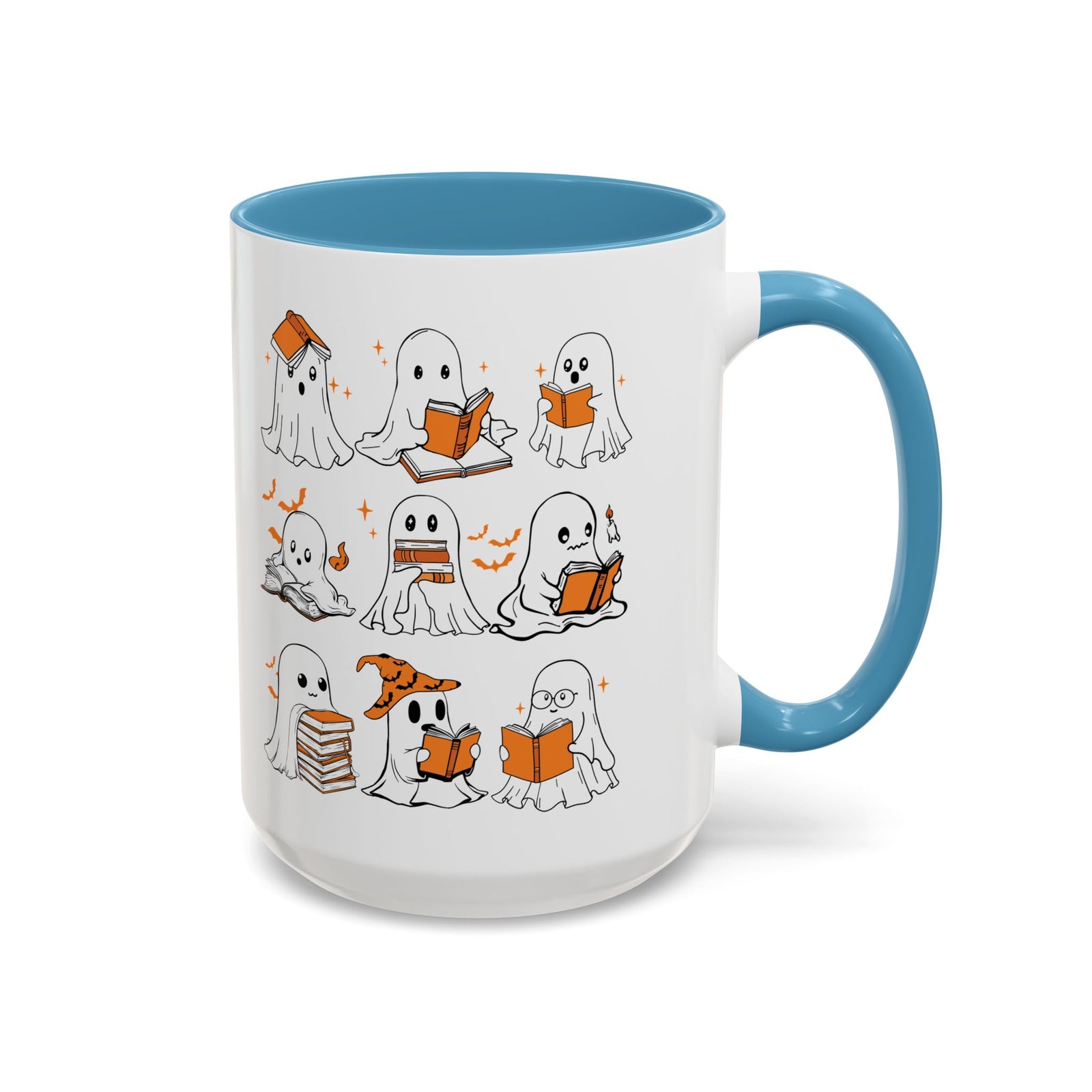 Halloween Ghost Reading Coffee Mug – Cute Spooky Booklover Accent Mug (11/15oz)