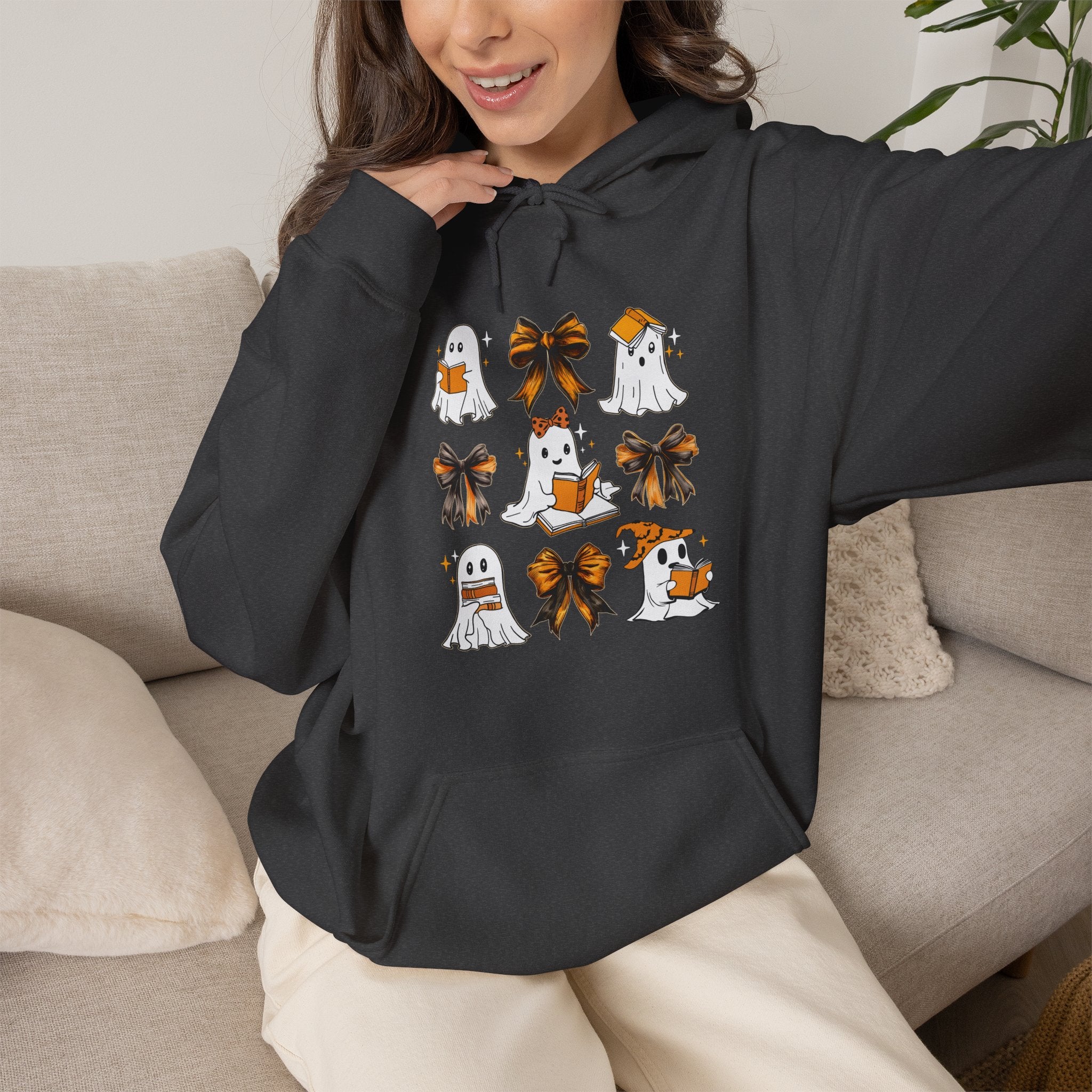 Halloween Ghost Reading Books Hoodie — Cute Ghosts with Orange Coquette Bows Sweatshirt