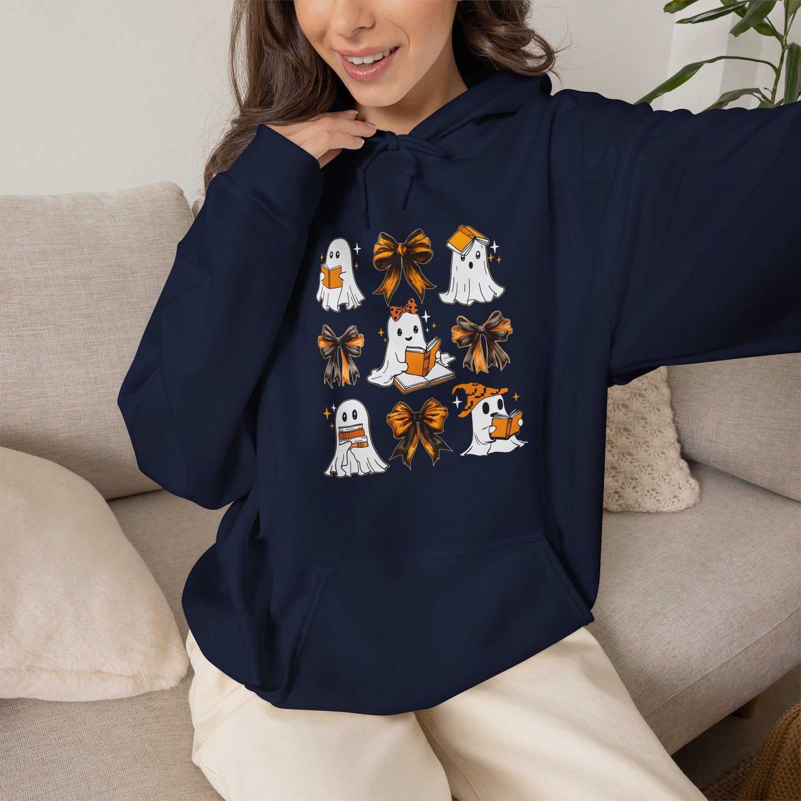 Halloween Ghost Reading Books Hoodie — Cute Ghosts with Orange Coquette Bows Sweatshirt