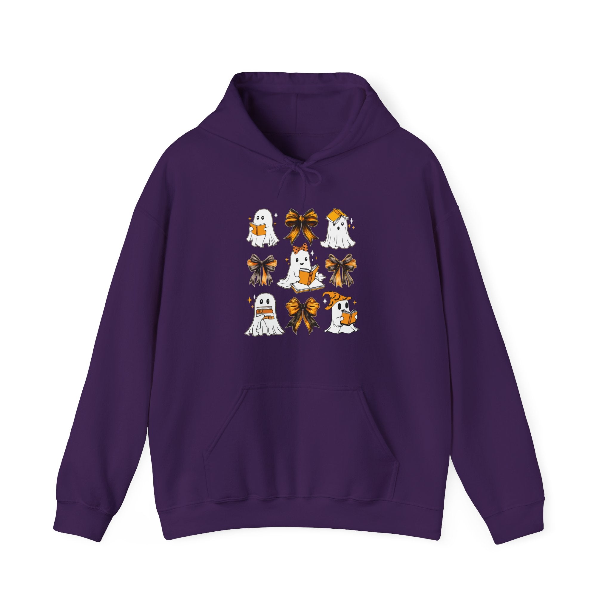 Halloween Ghost Reading Books Hoodie — Cute Ghosts with Orange Coquette Bows Sweatshirt