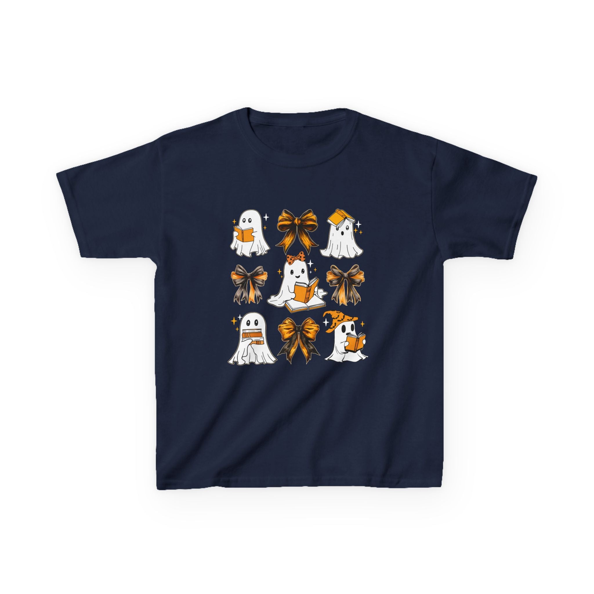 Kids Halloween Ghosts T‑Shirt — Cute Ghosts & Orange Bows Kids Tee