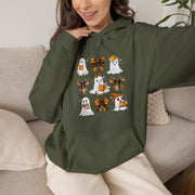 Halloween Ghost Reading Books Hoodie — Cute Ghosts with Orange Coquette Bows Sweatshirt