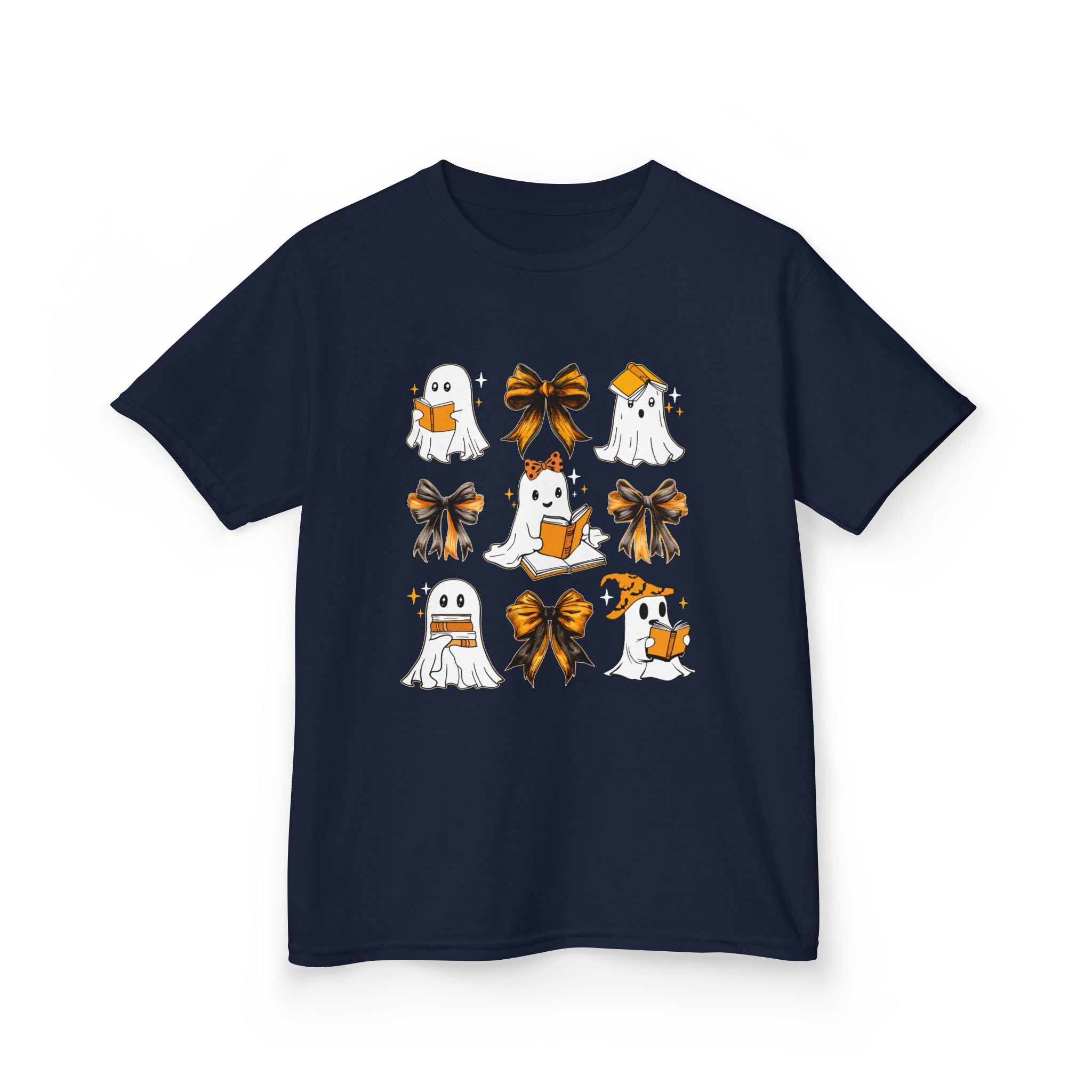 Kids Halloween Ghosts T‑Shirt — Cute Ghosts & Orange Bows Kids Tee