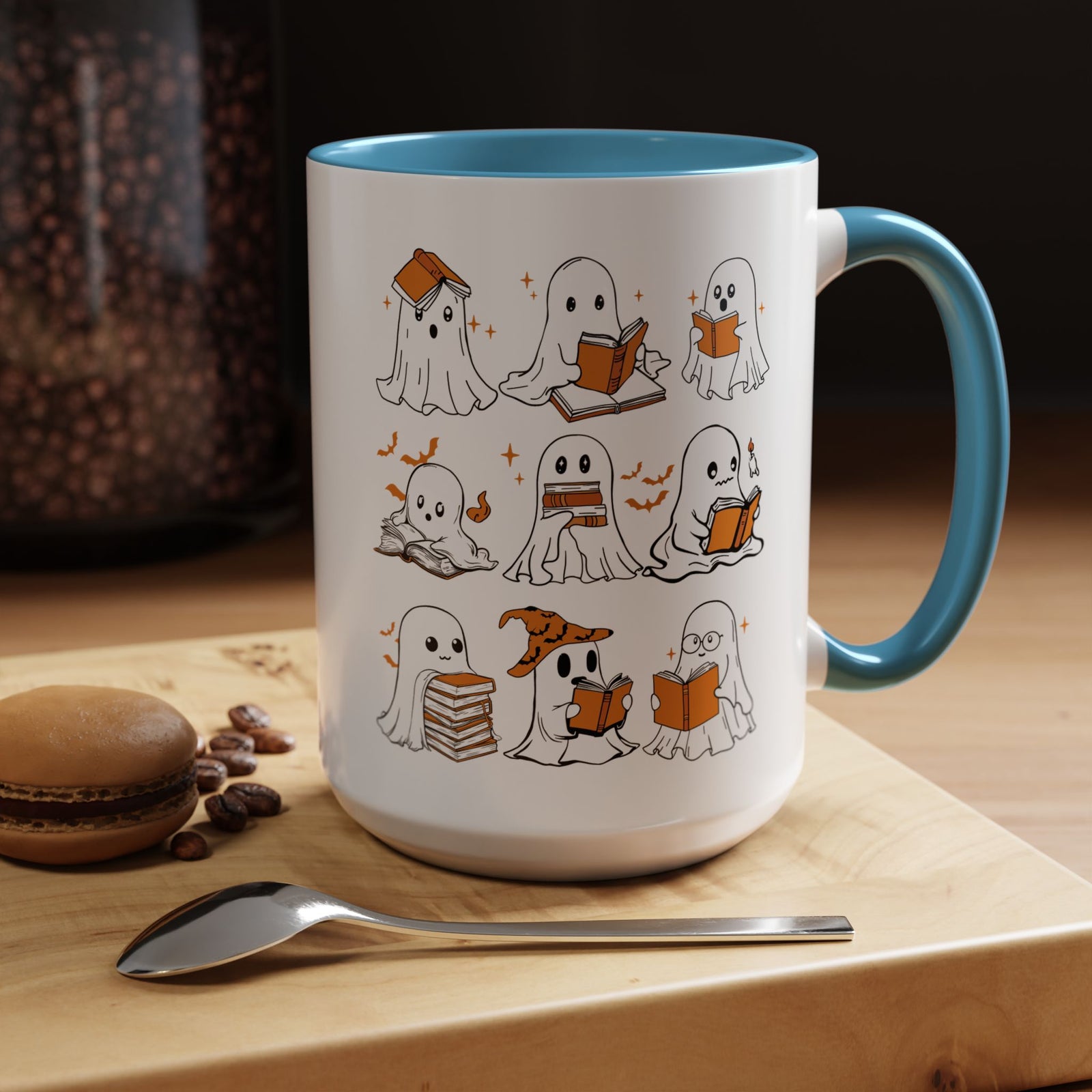 Halloween Ghost Reading Coffee Mug – Cute Spooky Booklover Accent Mug (11/15oz)