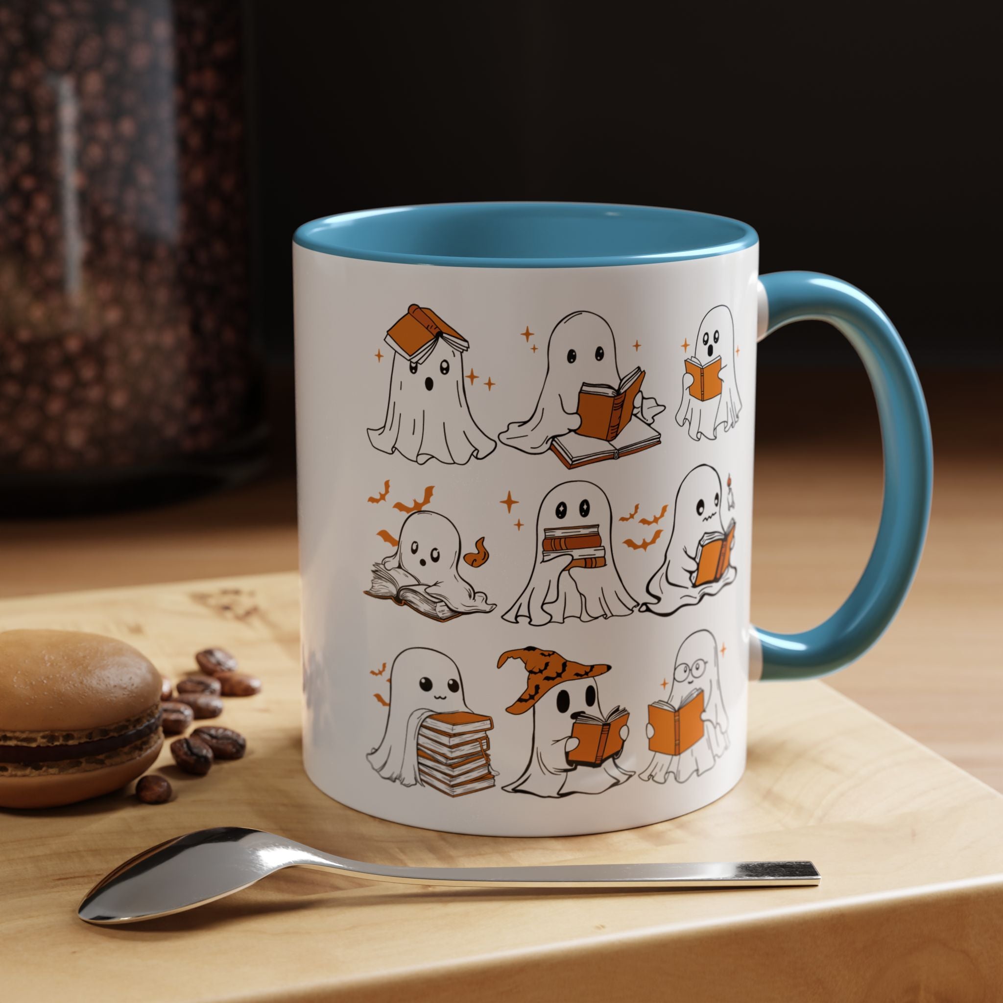 Halloween Ghost Reading Coffee Mug – Cute Spooky Booklover Accent Mug (11/15oz)