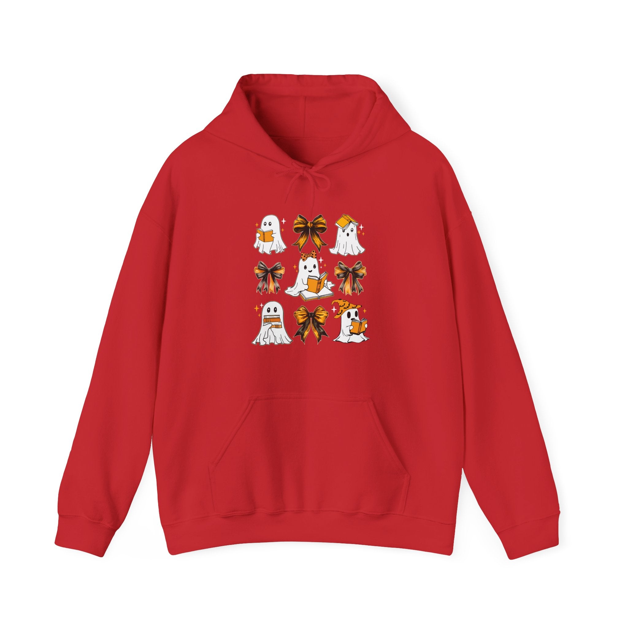 Halloween Ghost Reading Books Hoodie — Cute Ghosts with Orange Coquette Bows Sweatshirt