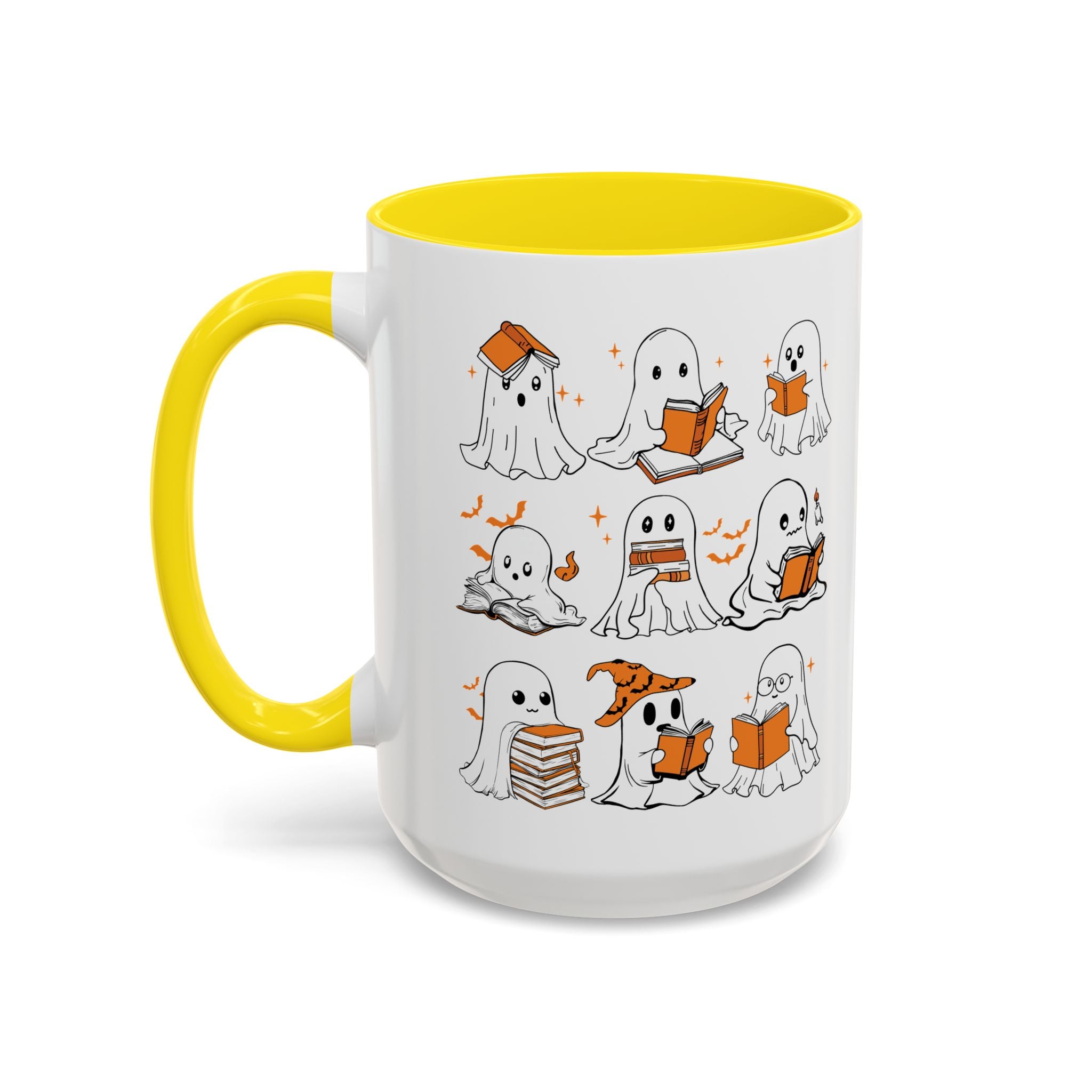 Halloween Ghost Reading Coffee Mug – Cute Spooky Booklover Accent Mug (11/15oz)