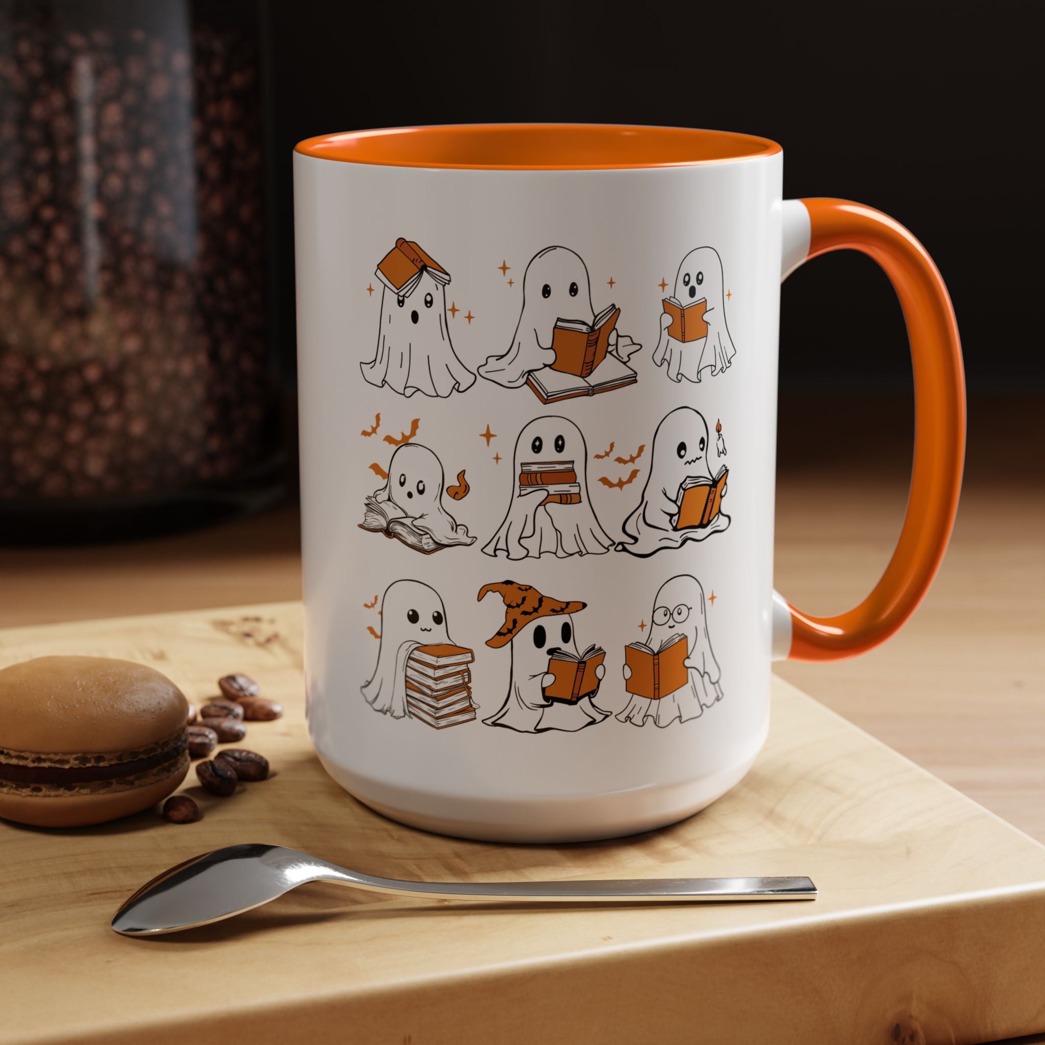 Halloween Ghost Reading Coffee Mug – Cute Spooky Booklover Accent Mug (11/15oz)