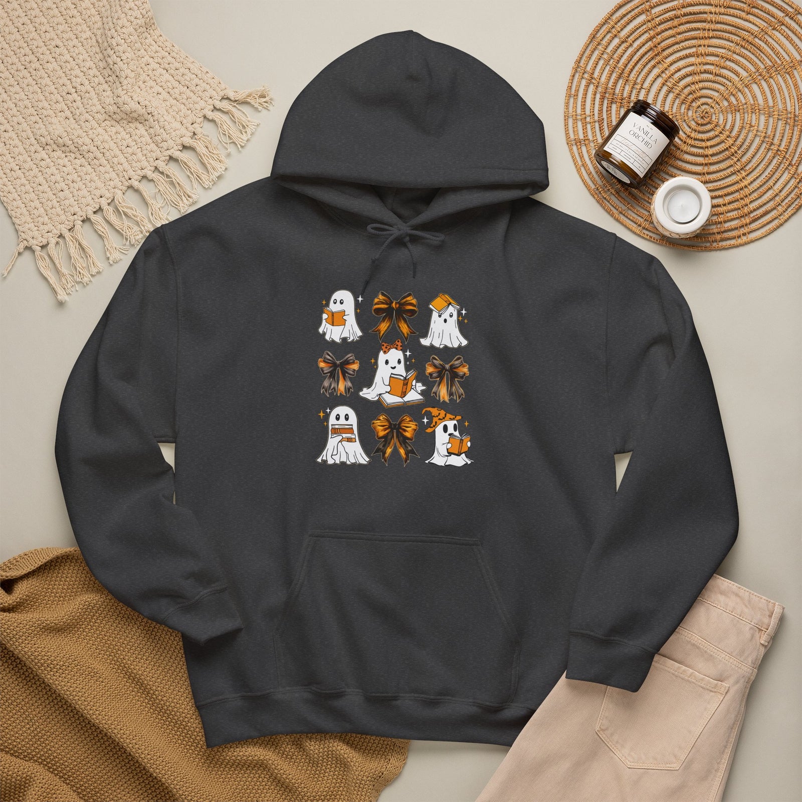 Halloween Ghost Reading Books Hoodie — Cute Ghosts with Orange Coquette Bows Sweatshirt