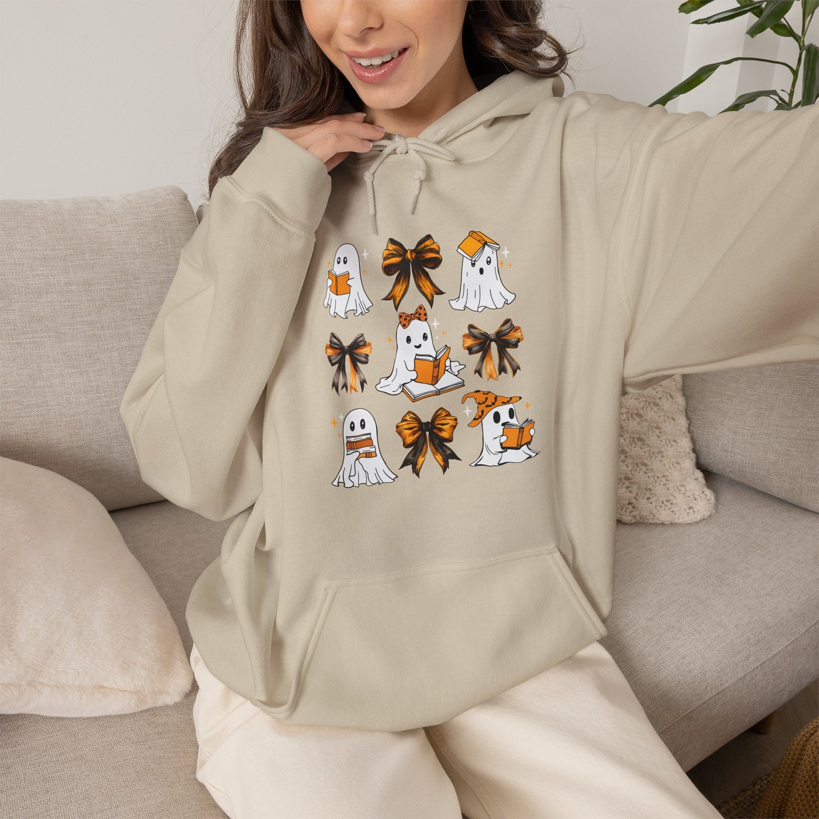 Halloween Ghost Reading Books Hoodie — Cute Ghosts with Orange Coquette Bows Sweatshirt