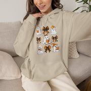 Halloween Ghost Reading Books Hoodie — Cute Ghosts with Orange Coquette Bows Sweatshirt