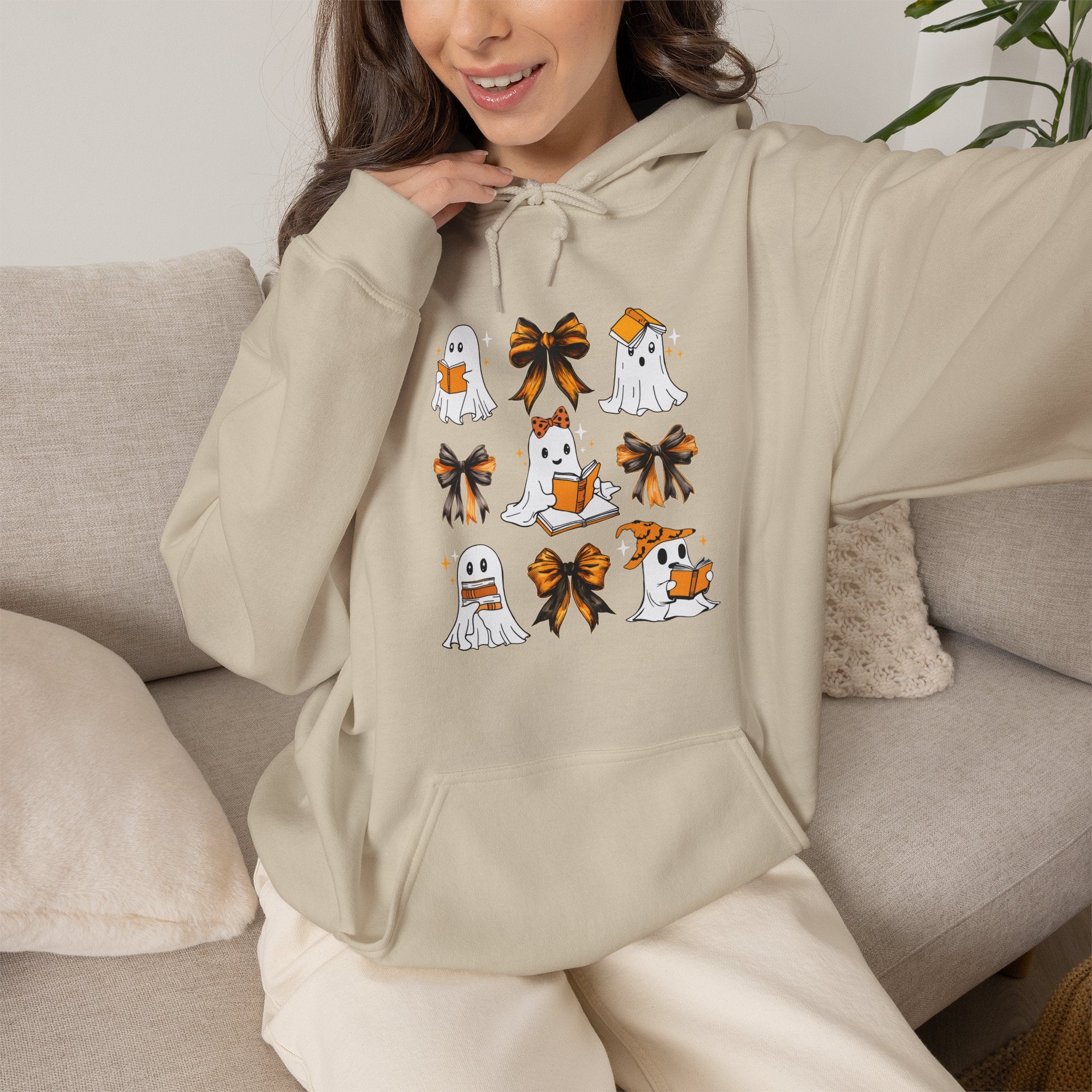 Halloween Ghost Reading Books Hoodie — Cute Ghosts with Orange Coquette Bows Sweatshirt