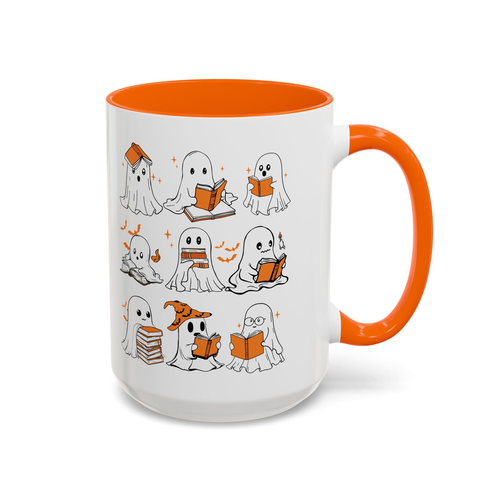 Halloween Ghost Reading Coffee Mug – Cute Spooky Booklover Accent Mug (11/15oz)
