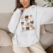 Halloween Ghost Reading Books Hoodie — Cute Ghosts with Orange Coquette Bows Sweatshirt