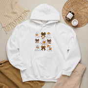 Halloween Ghost Reading Books Hoodie — Cute Ghosts with Orange Coquette Bows Sweatshirt