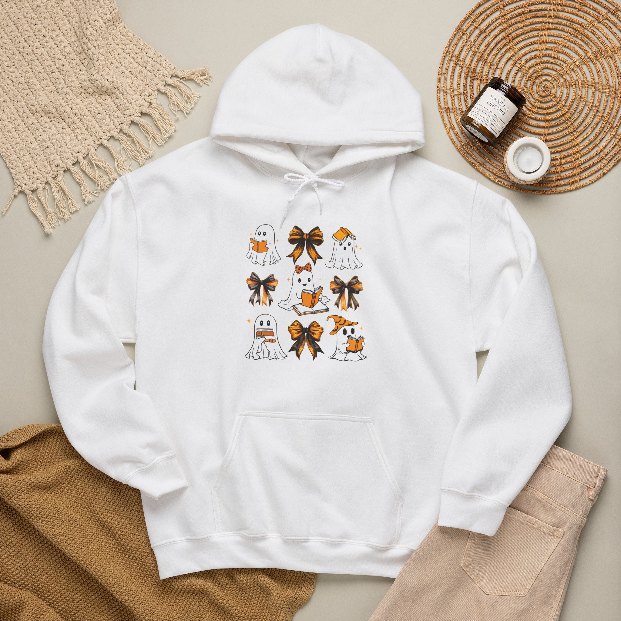 Halloween Ghost Reading Books Hoodie — Cute Ghosts with Orange Coquette Bows Sweatshirt