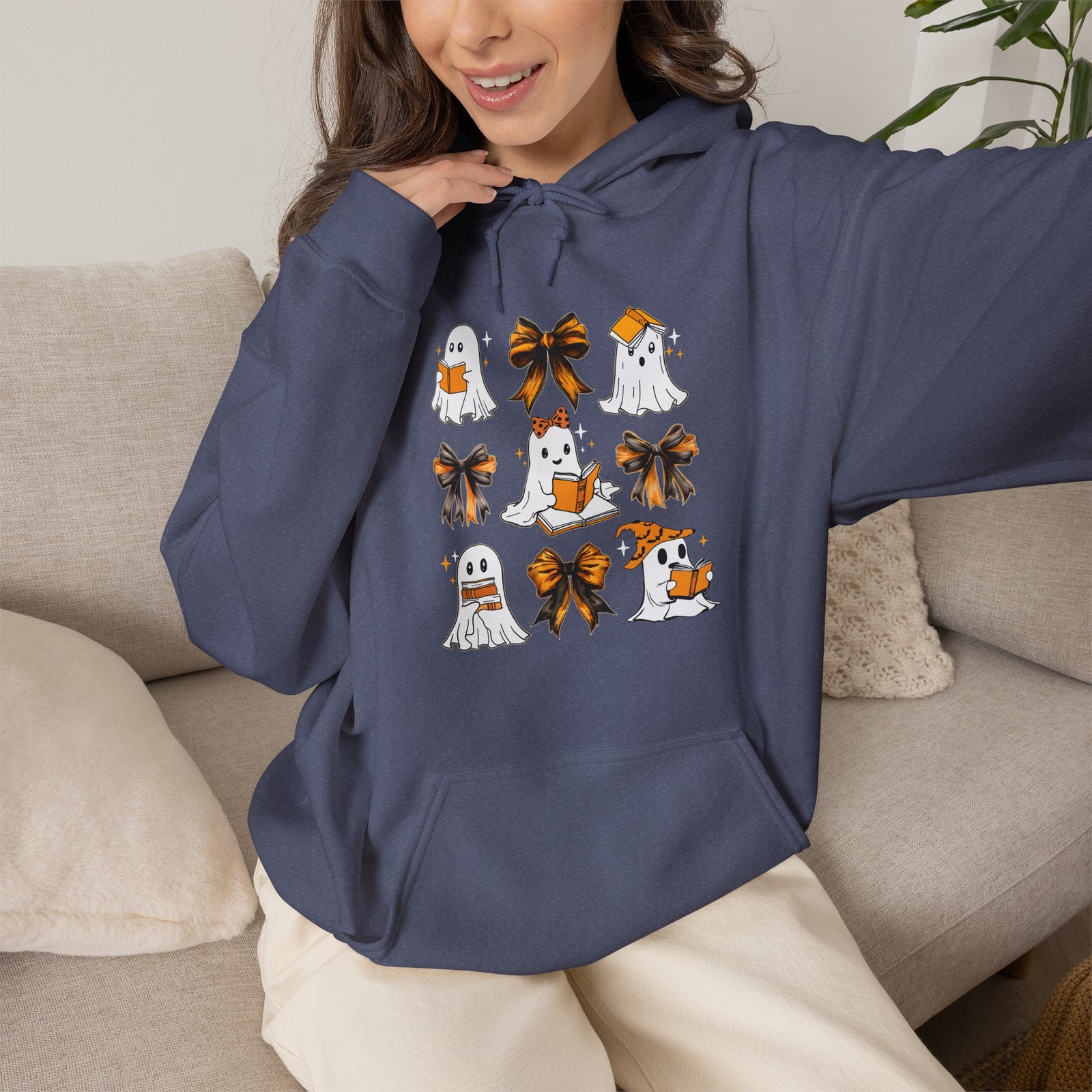 Halloween Ghost Reading Books Hoodie — Cute Ghosts with Orange Coquette Bows Sweatshirt