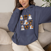 Halloween Ghost Reading Books Hoodie — Cute Ghosts with Orange Coquette Bows Sweatshirt