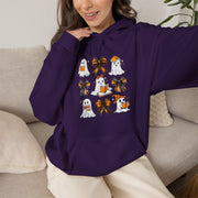 Halloween Ghost Reading Books Hoodie — Cute Ghosts with Orange Coquette Bows Sweatshirt