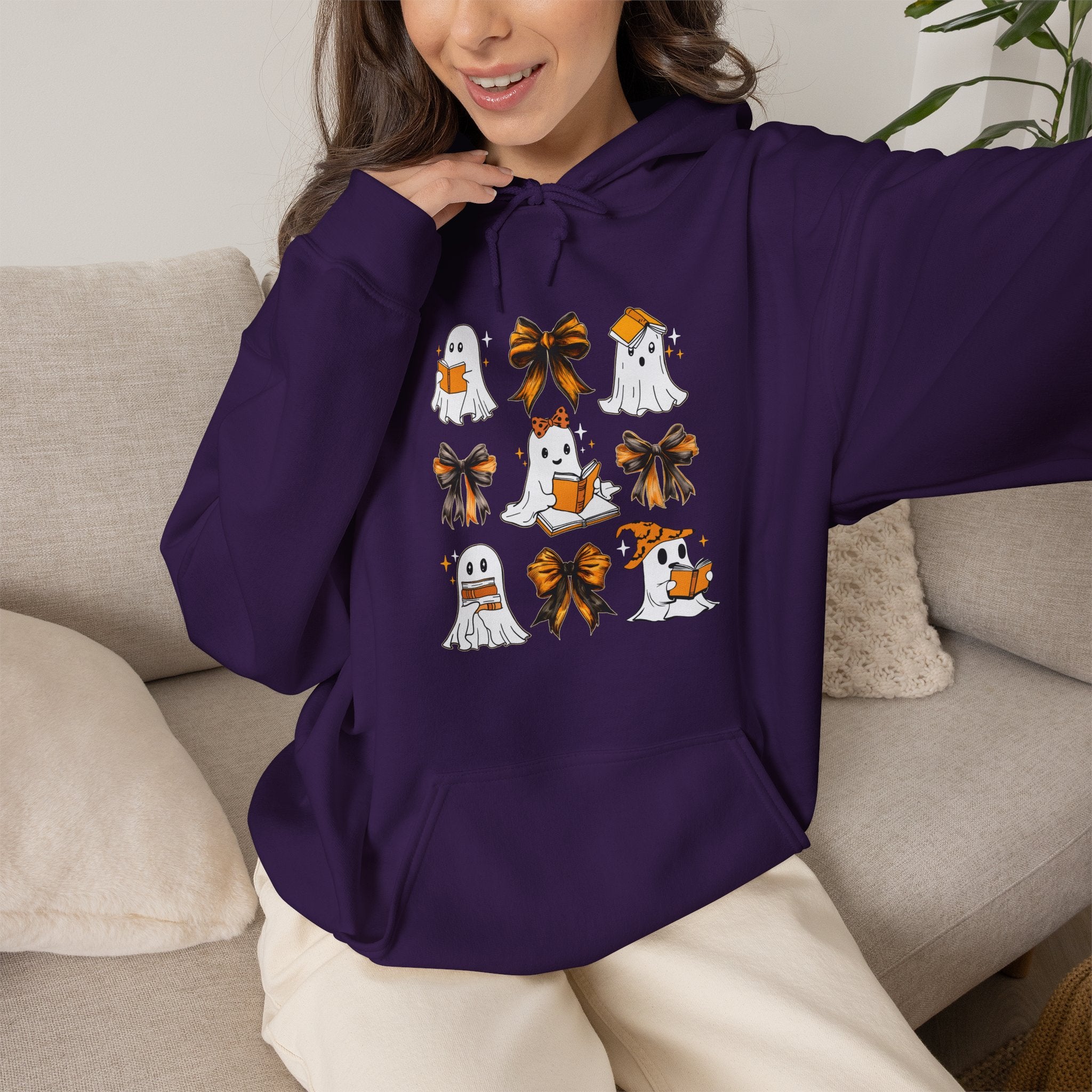 Halloween Ghost Reading Books Hoodie — Cute Ghosts with Orange Coquette Bows Sweatshirt