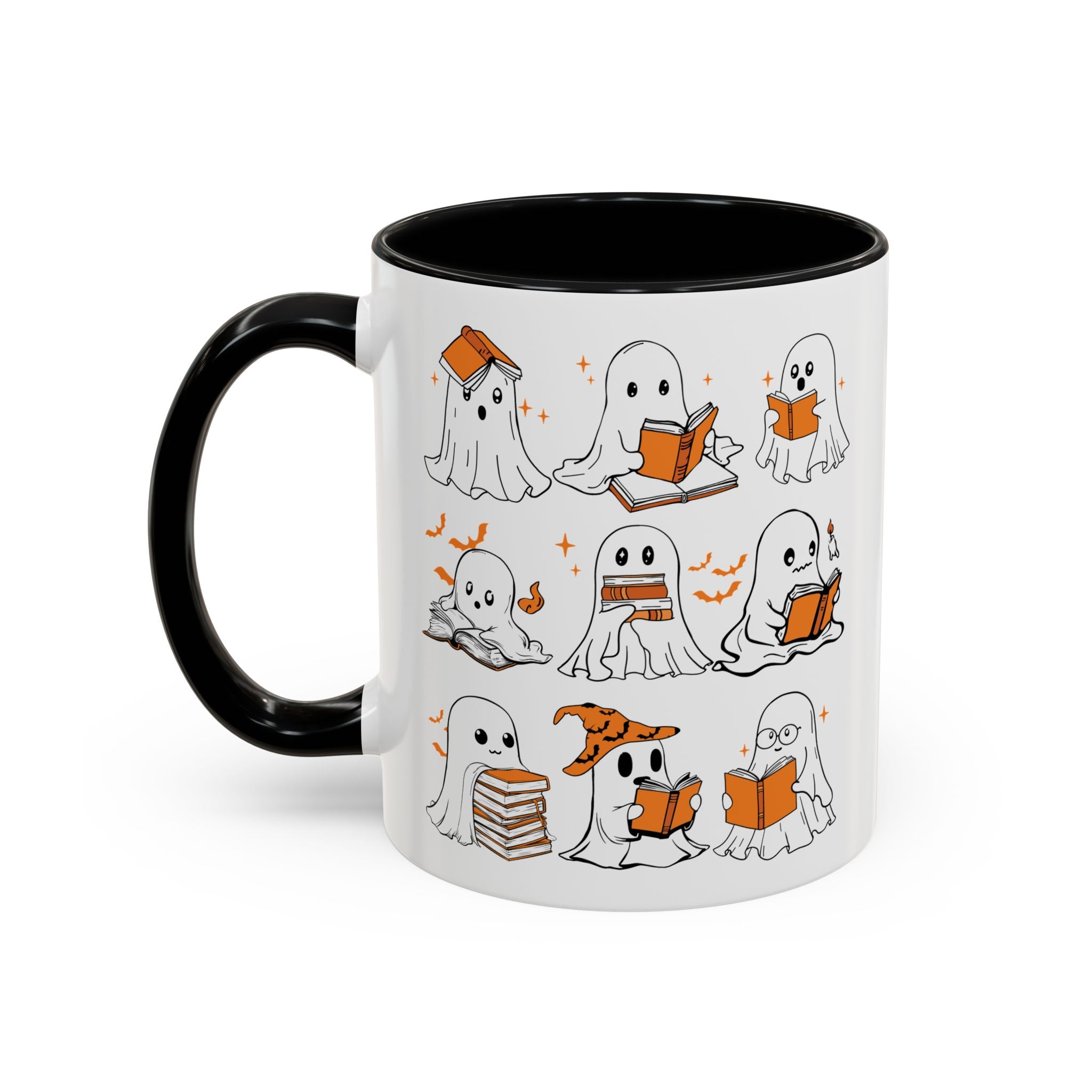 Halloween Ghost Reading Coffee Mug – Cute Spooky Booklover Accent Mug (11/15oz)
