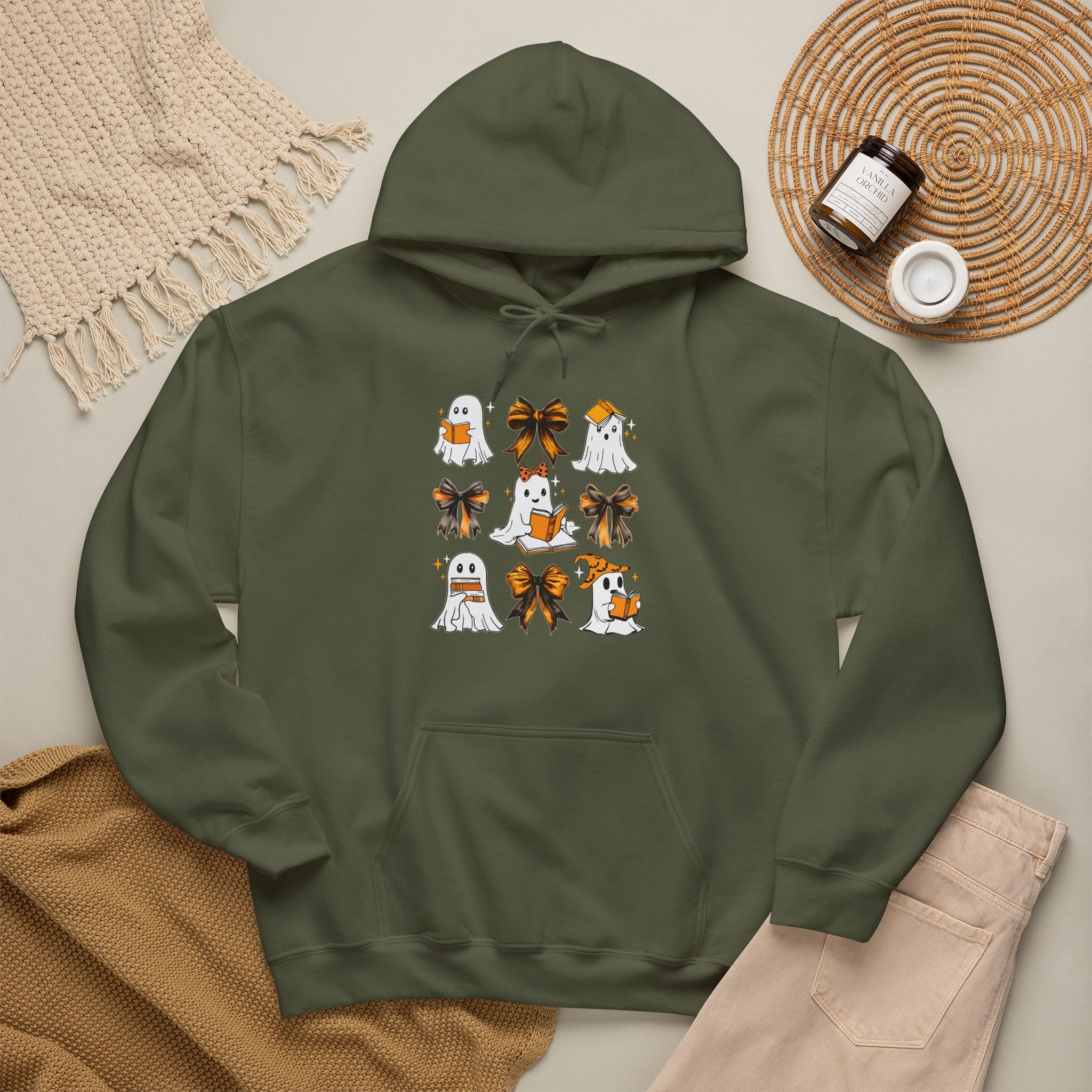 Halloween Ghost Reading Books Hoodie — Cute Ghosts with Orange Coquette Bows Sweatshirt