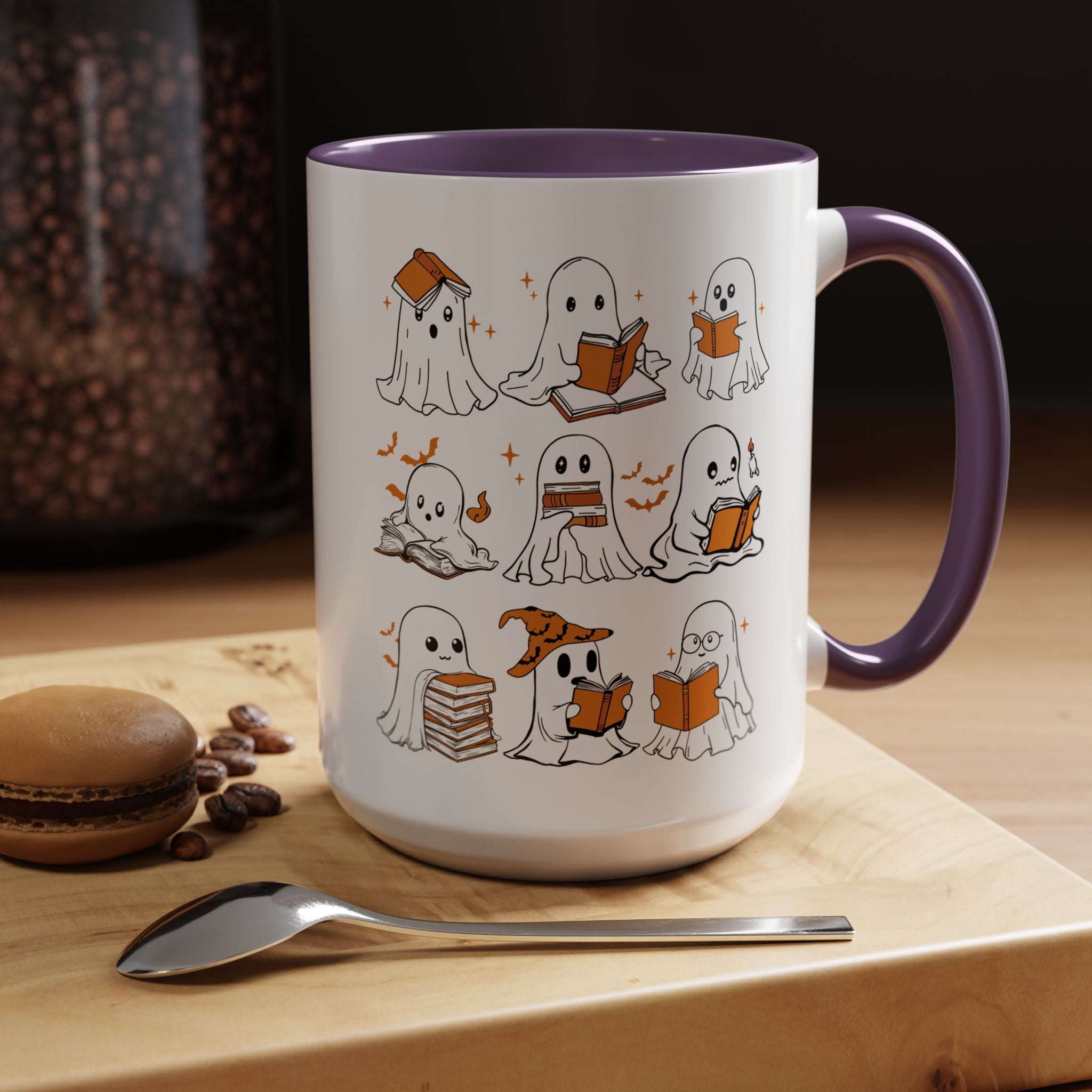 Halloween Ghost Reading Coffee Mug – Cute Spooky Booklover Accent Mug (11/15oz)