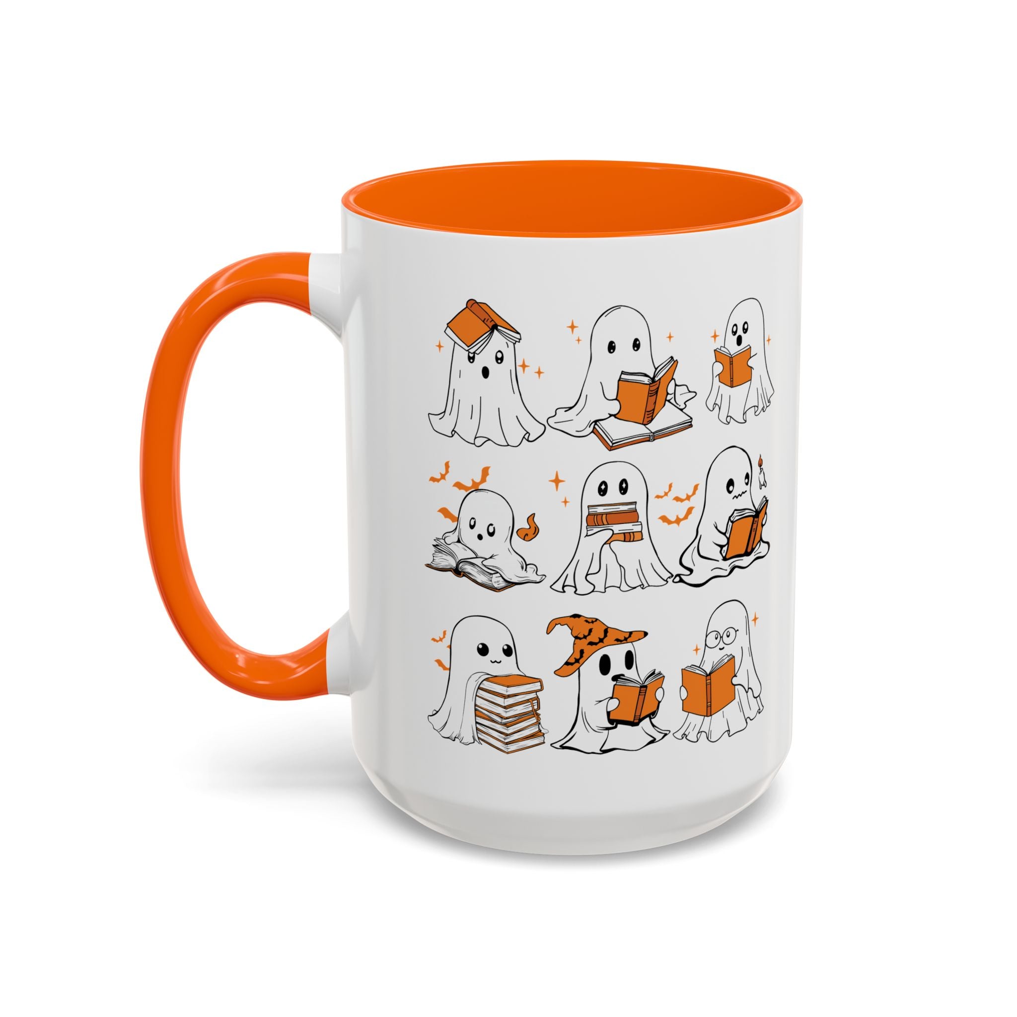 Halloween Ghost Reading Coffee Mug – Cute Spooky Booklover Accent Mug (11/15oz)