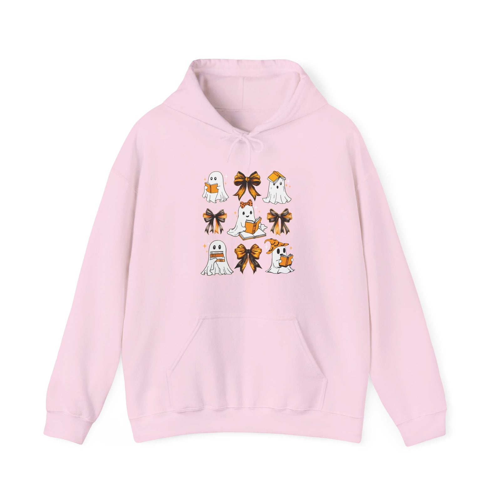 Halloween Ghost Reading Books Hoodie — Cute Ghosts with Orange Coquette Bows Sweatshirt