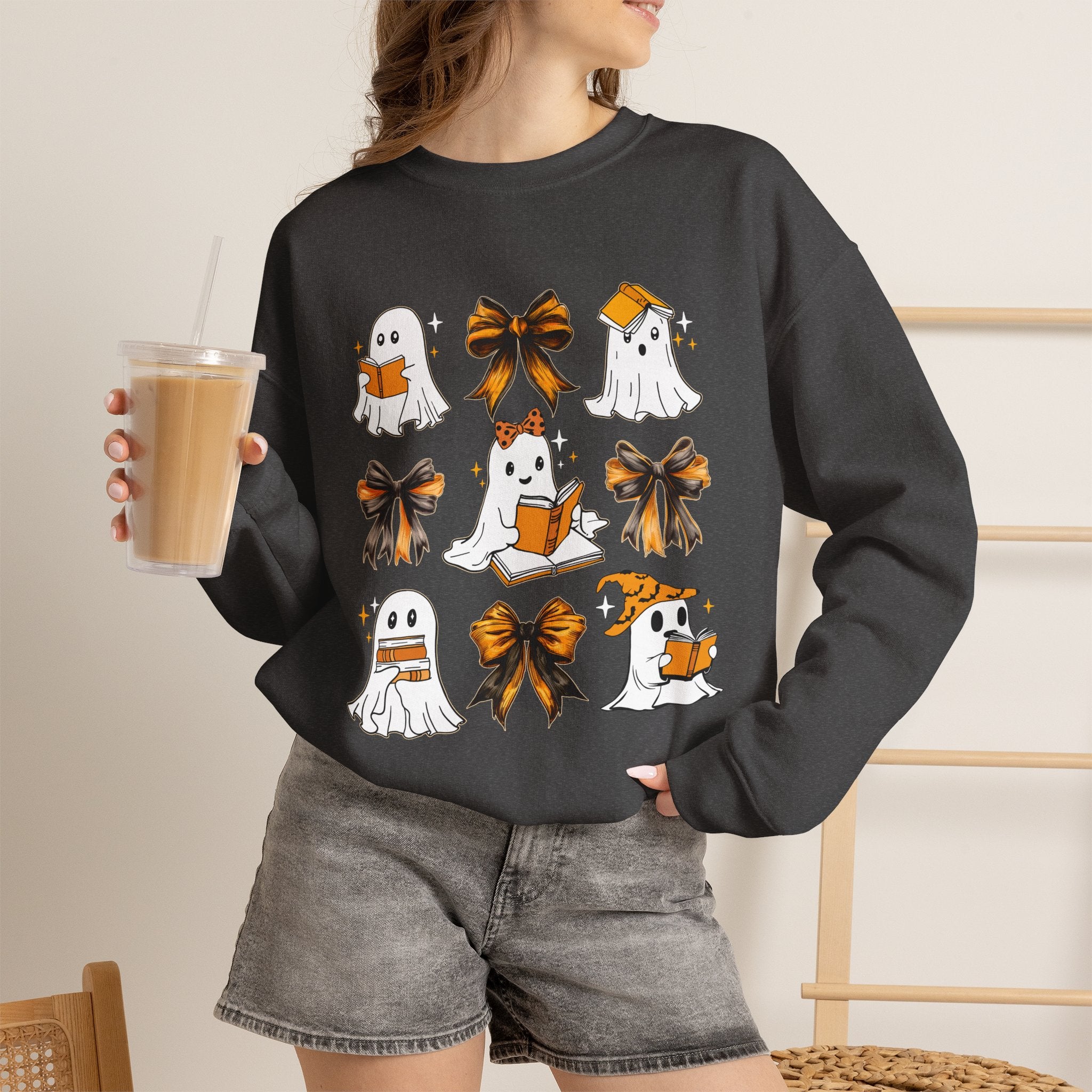 Halloween Ghosts & Bows Sweatshirt — Cute Orange Ghost Crewneck
