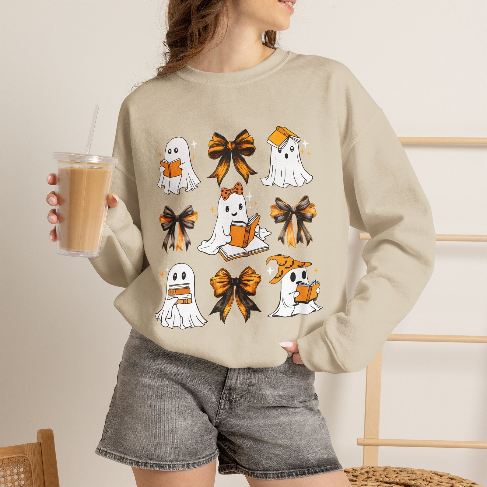 Halloween Ghosts & Bows Sweatshirt — Cute Orange Ghost Crewneck