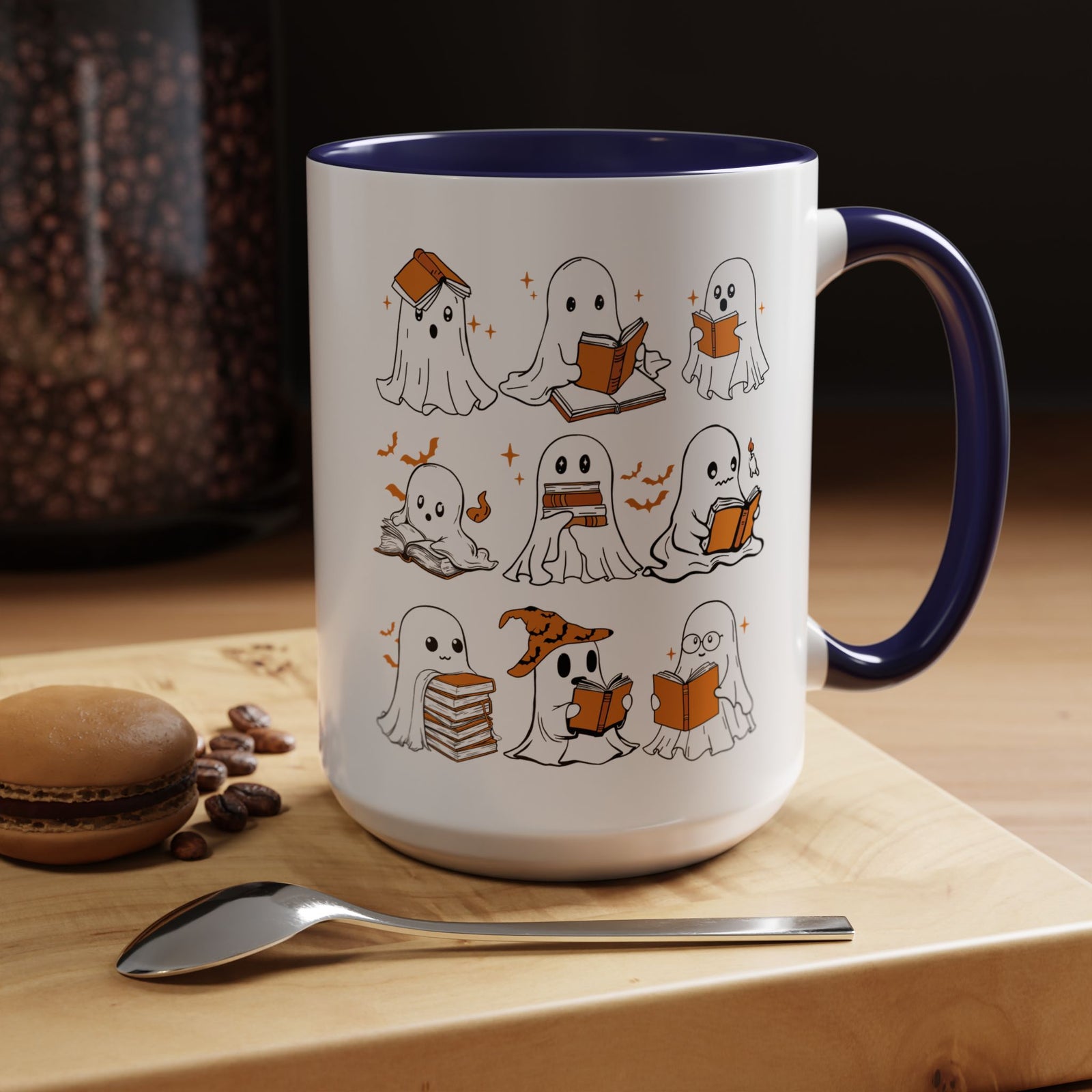 Halloween Ghost Reading Coffee Mug – Cute Spooky Booklover Accent Mug (11/15oz)