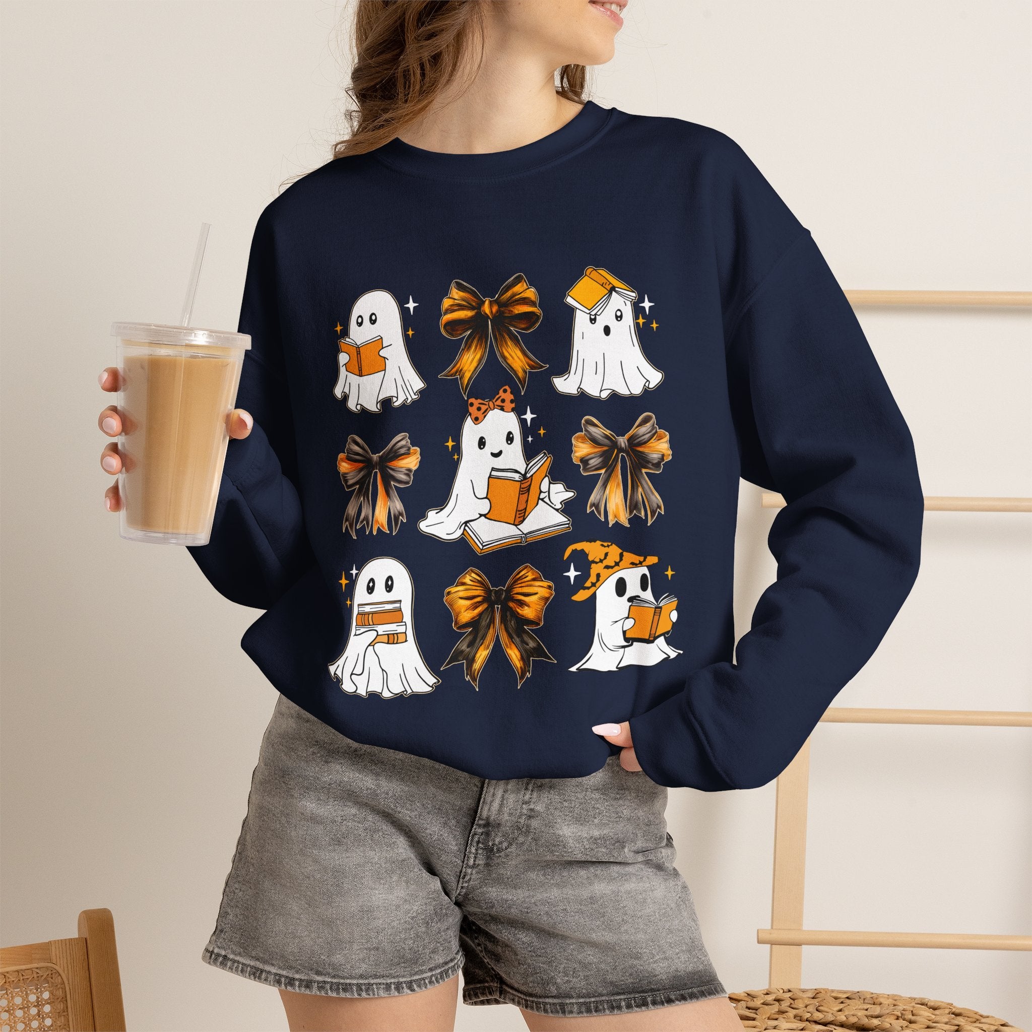 Halloween Ghosts & Bows Sweatshirt — Cute Orange Ghost Crewneck