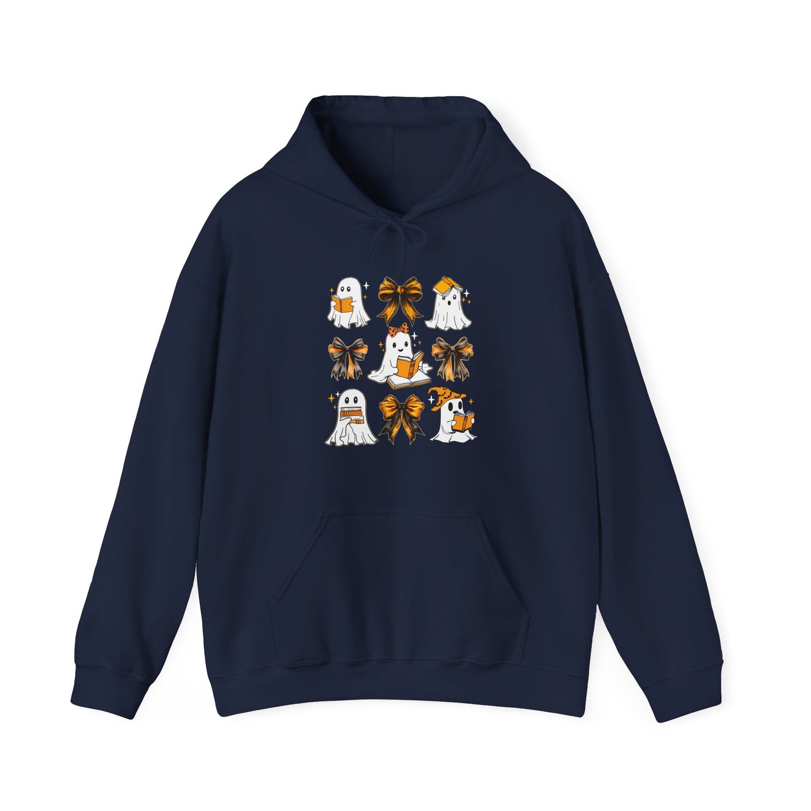 Halloween Ghost Reading Books Hoodie — Cute Ghosts with Orange Coquette Bows Sweatshirt