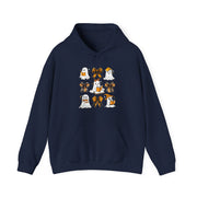 Halloween Ghost Reading Books Hoodie — Cute Ghosts with Orange Coquette Bows Sweatshirt